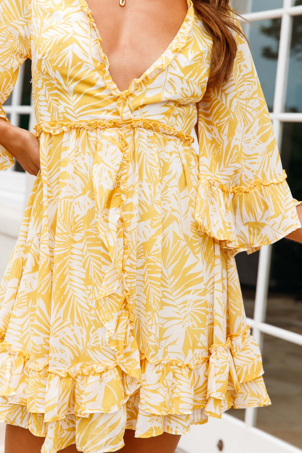 Making Me Blush Bell Sleeve Frill Trim Dress Tropical Print Yellow by Selfie Leslie
