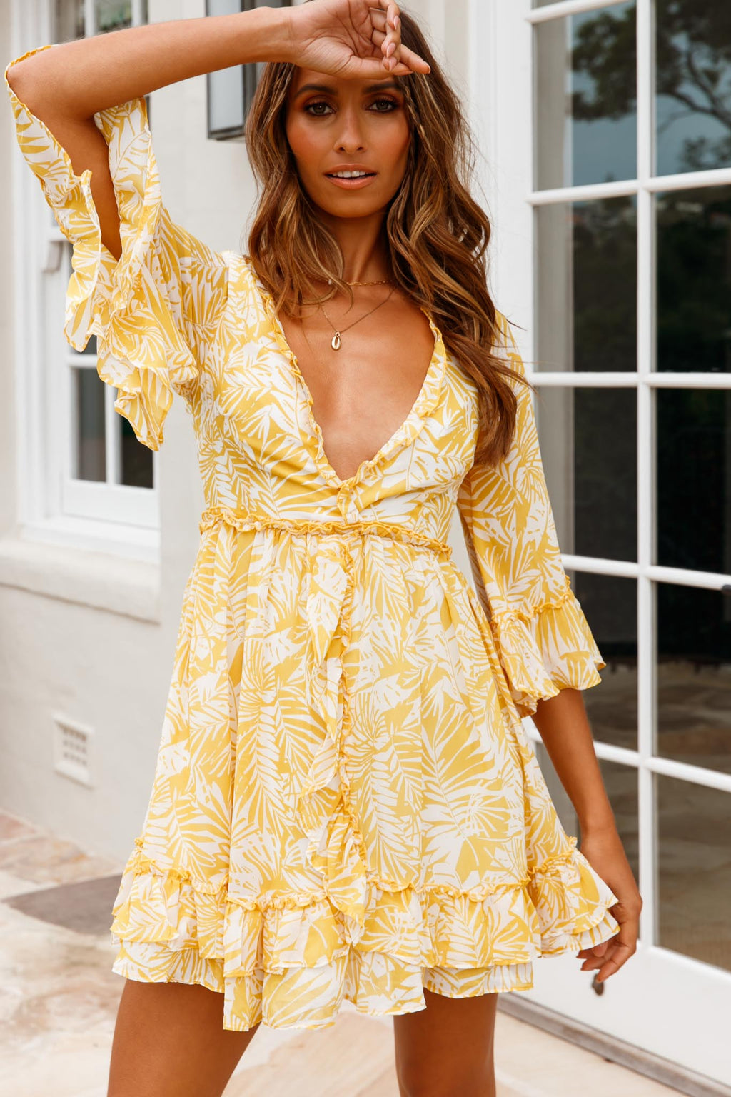Making Me Blush Bell Sleeve Frill Trim Dress Tropical Print Yellow by Selfie Leslie