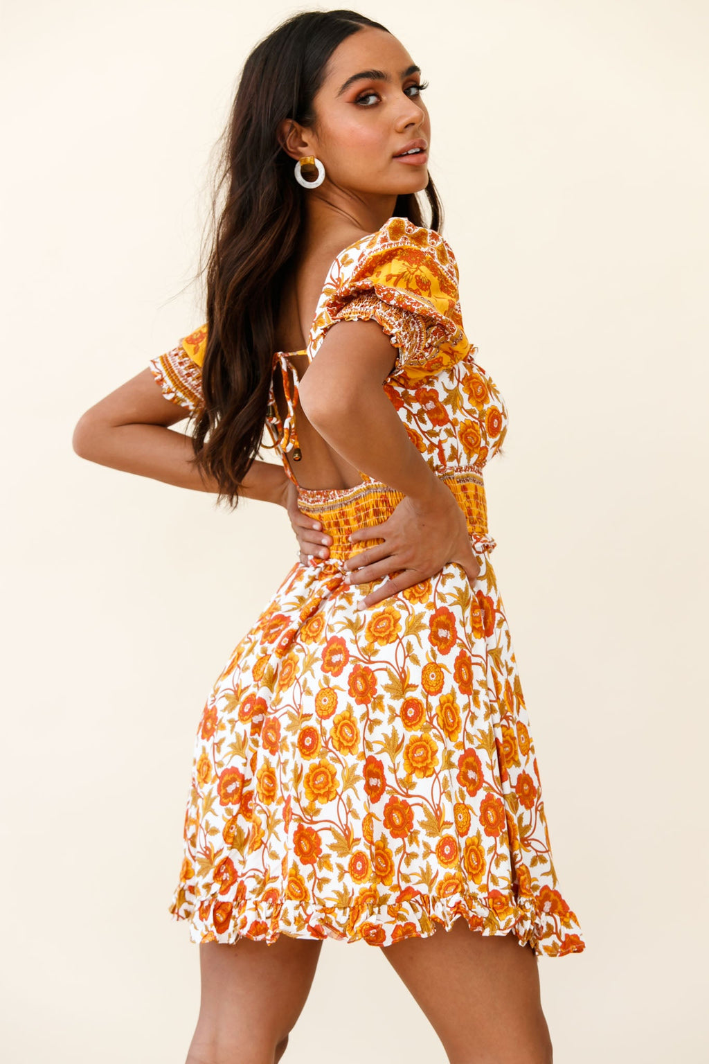 Summer In Paris Puff Sleeve Open Back Dress Floral Print Mustard Multi by Selfie Leslie
