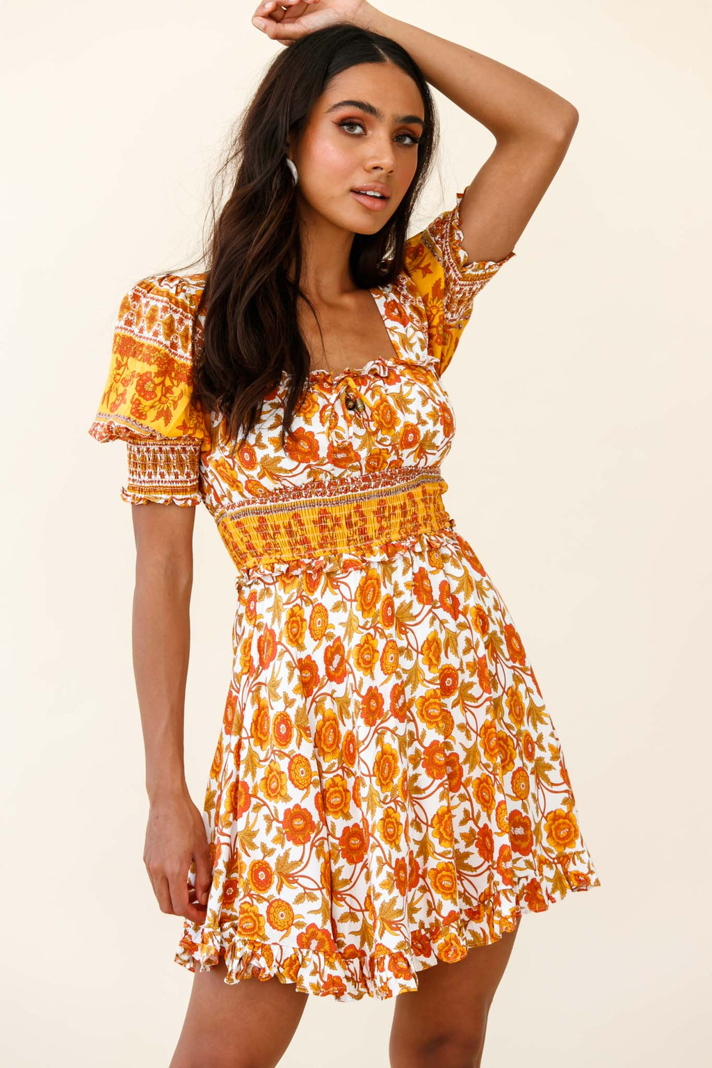Summer In Paris Puff Sleeve Open Back Dress Floral Print Mustard Multi by Selfie Leslie