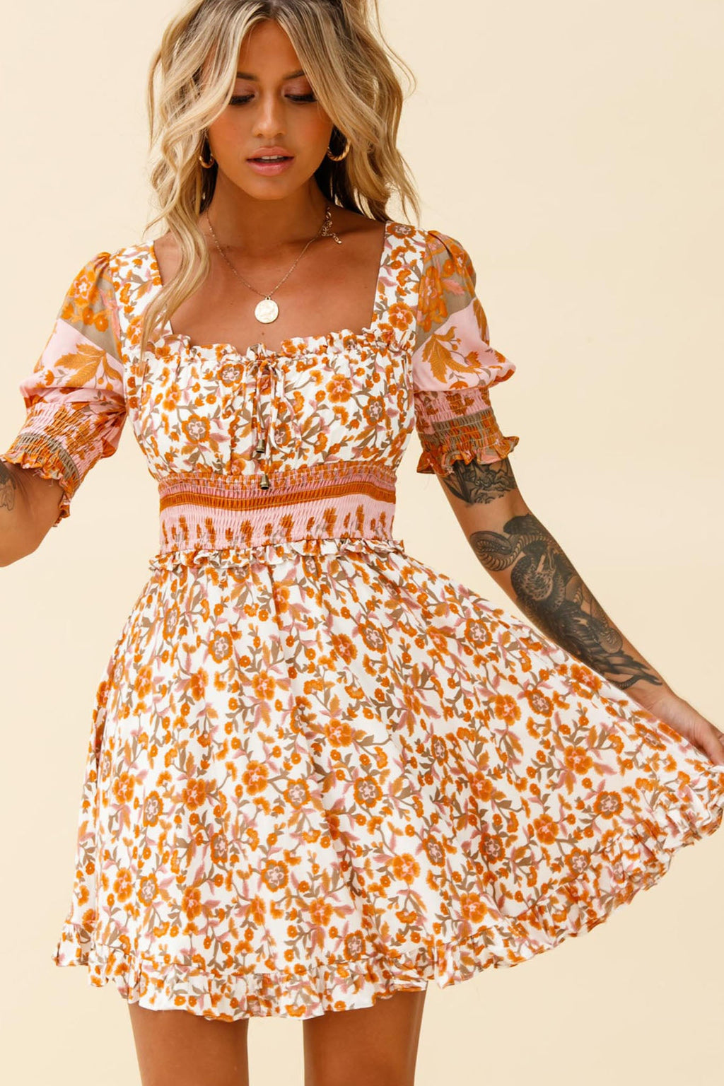 Summer In Paris Puff Sleeve Open Back Dress Floral Print White/Pink by Selfie Leslie