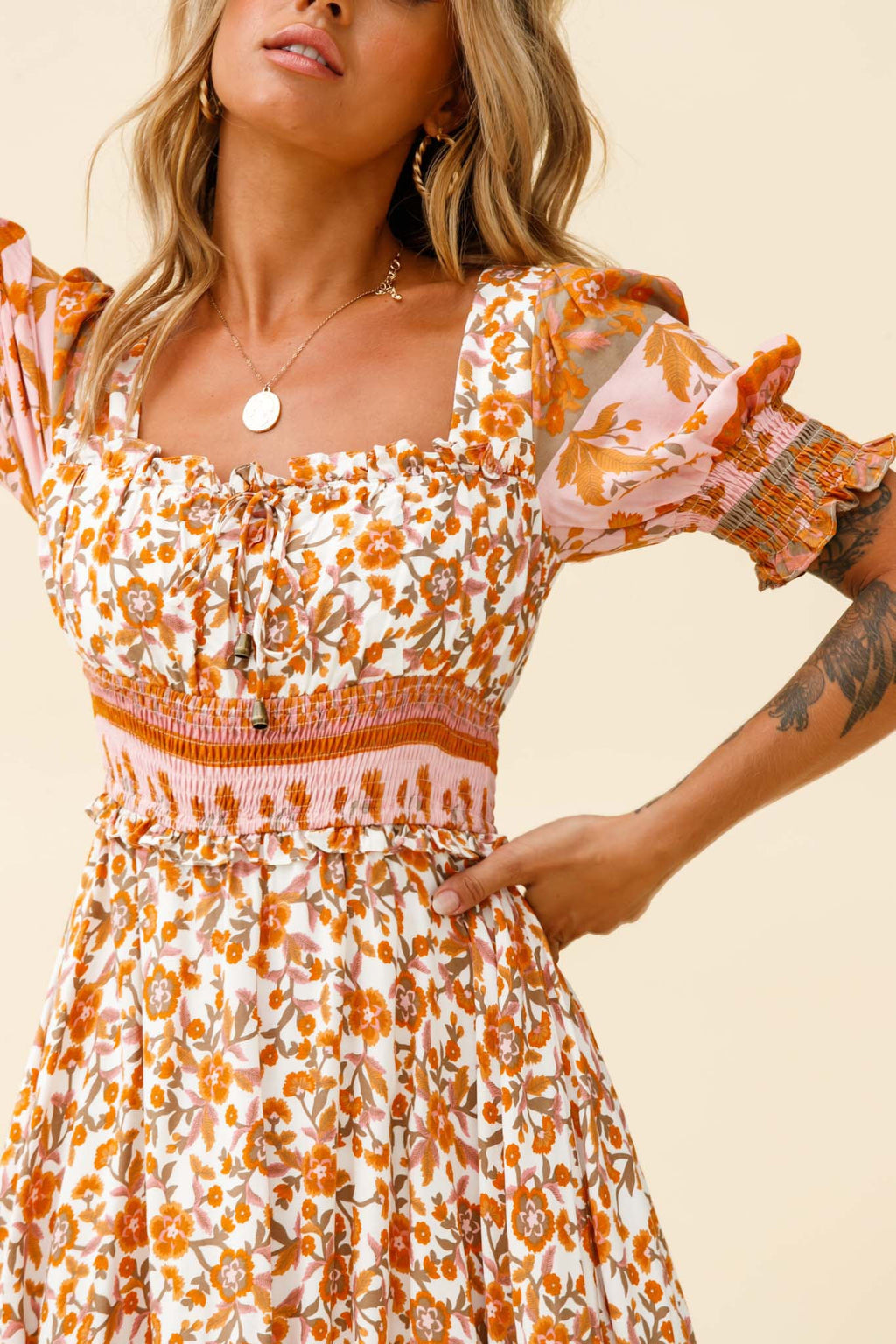 Summer In Paris Puff Sleeve Open Back Dress Floral Print White/Pink by Selfie Leslie