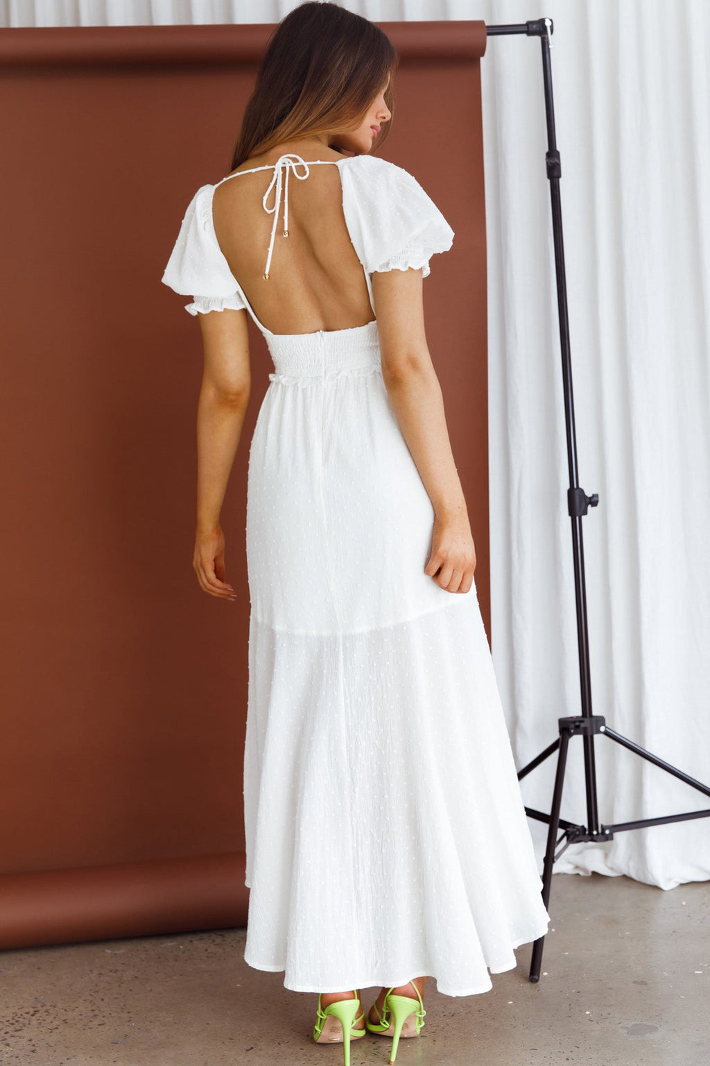 Summer In Paris Puff Sleeve Shirred Midi Dress White by Selfie Leslie