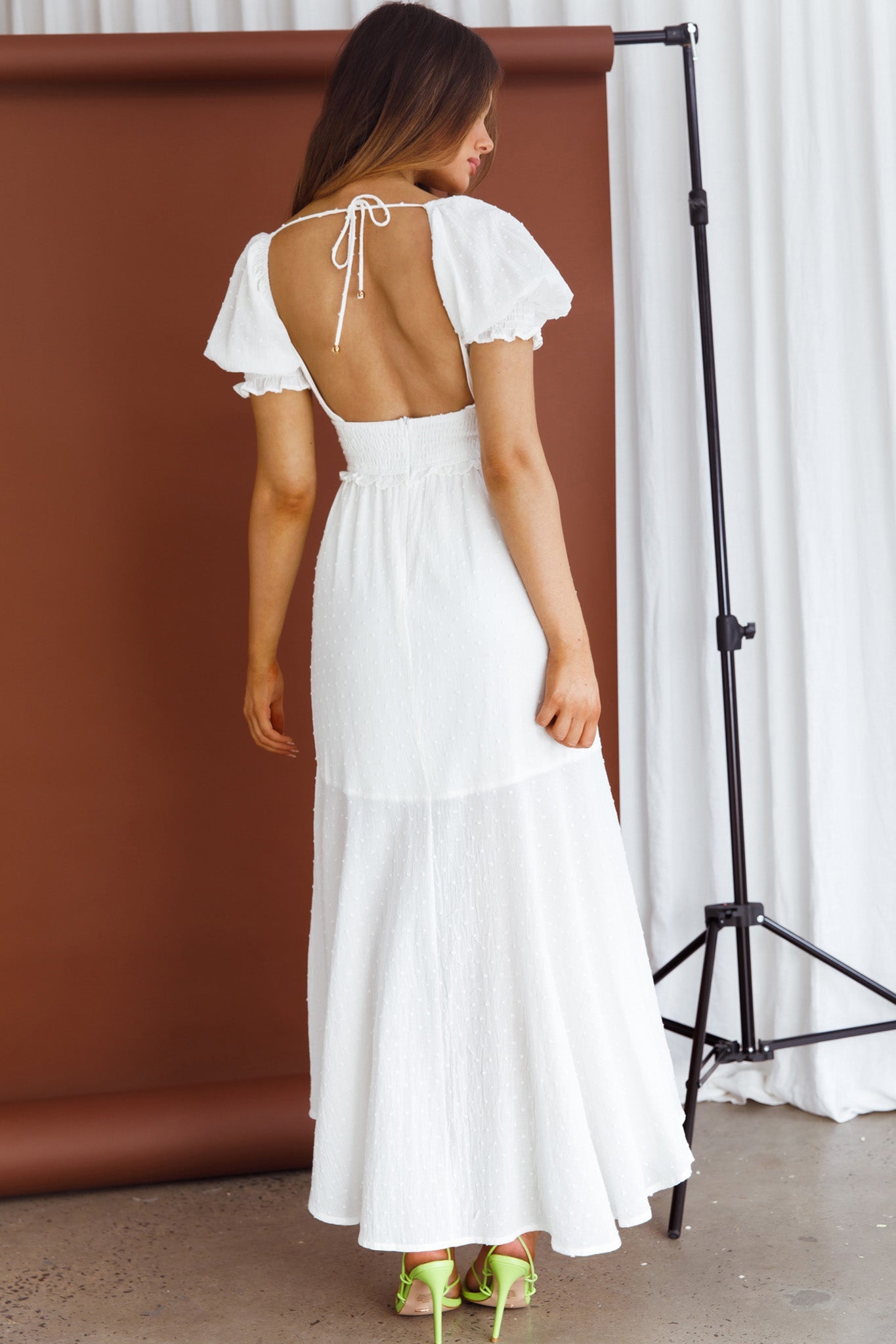 Summer In Paris Puff Sleeve Shirred Midi Dress White by Selfie Leslie