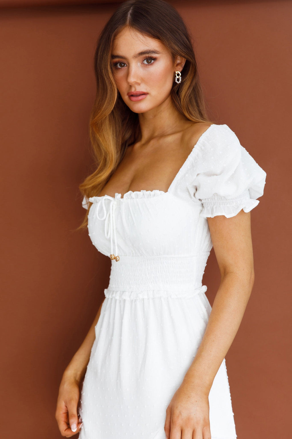 Summer In Paris Puff Sleeve Shirred Midi Dress White by Selfie Leslie