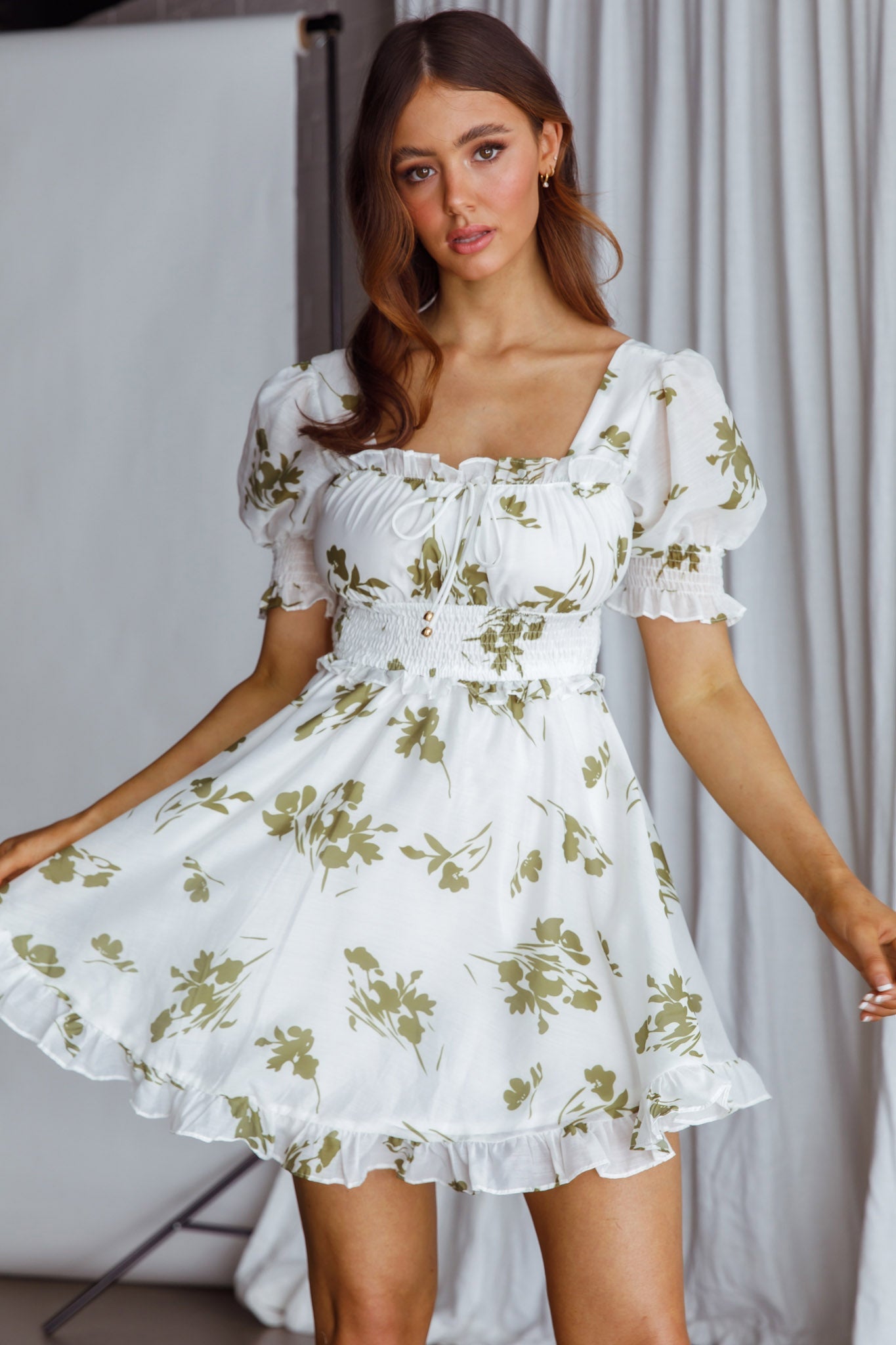 Summer In Paris Puff Sleeve Open Back Dress Floral Olive by Selfie Leslie