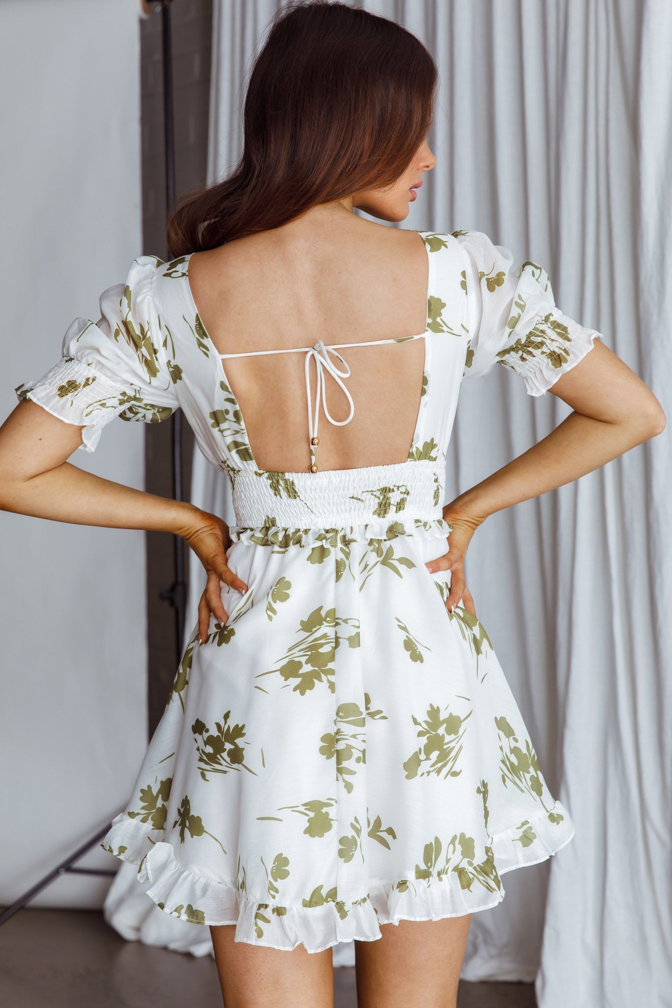 Summer In Paris Puff Sleeve Open Back Dress Floral Olive by Selfie Leslie