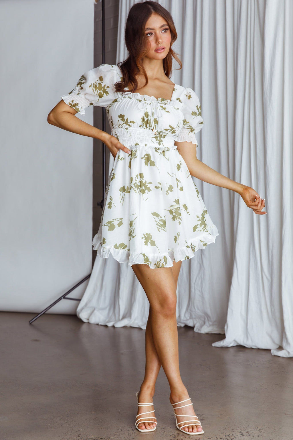 Summer In Paris Puff Sleeve Open Back Dress Floral Olive by Selfie Leslie