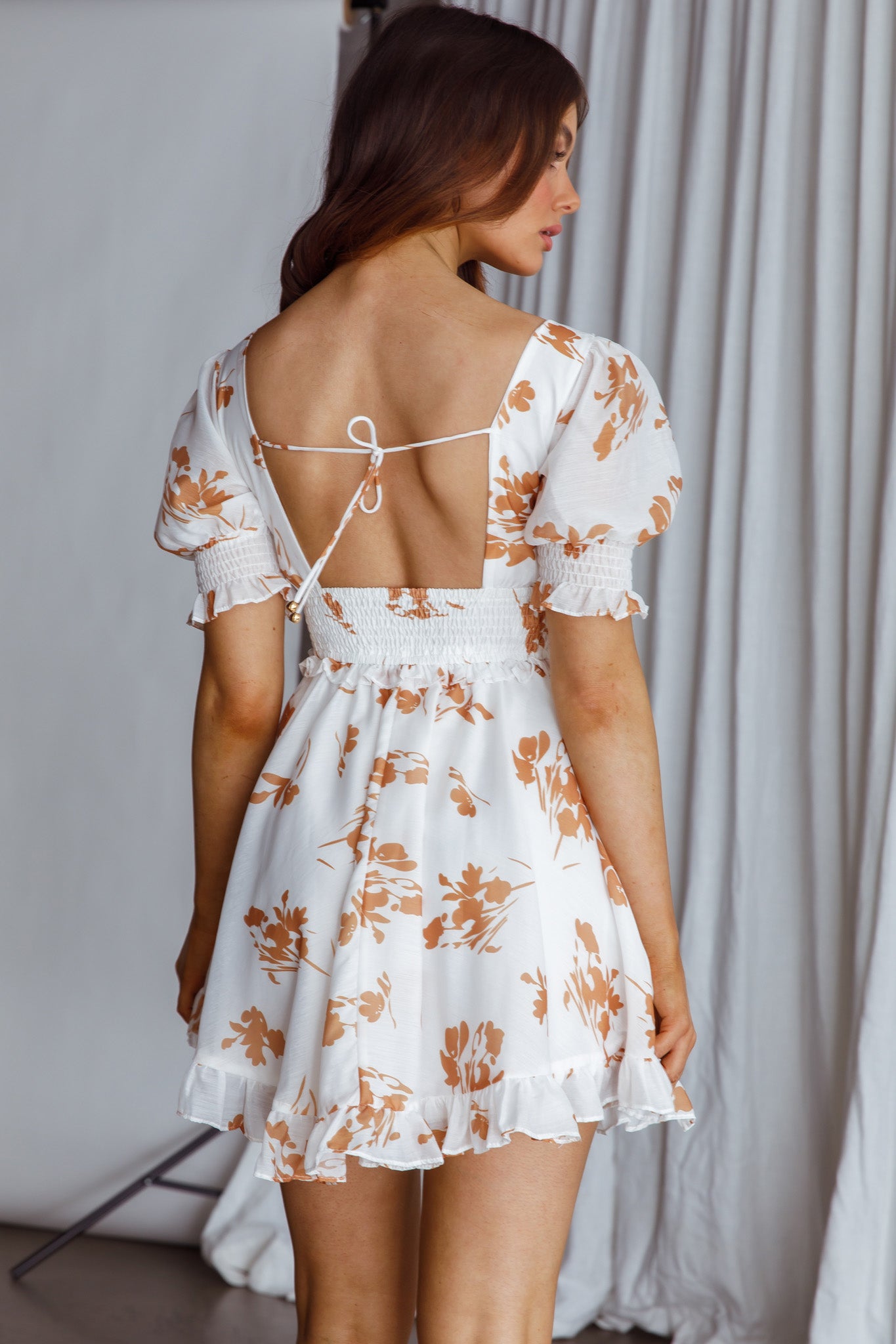 Summer In Paris Puff Sleeve Open Back Dress Floral Tan by Selfie Leslie Australia