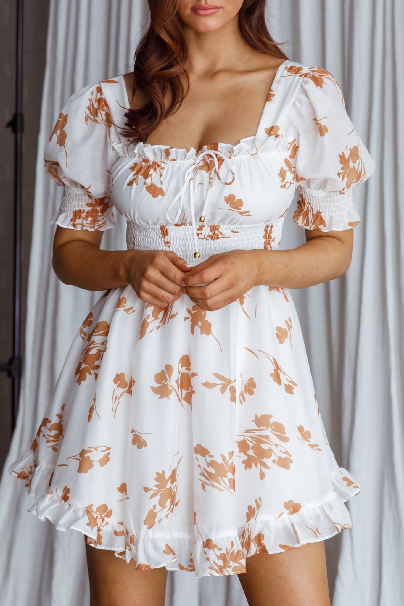 Summer In Paris Puff Sleeve Open Back Dress Floral Tan by Selfie Leslie Australia