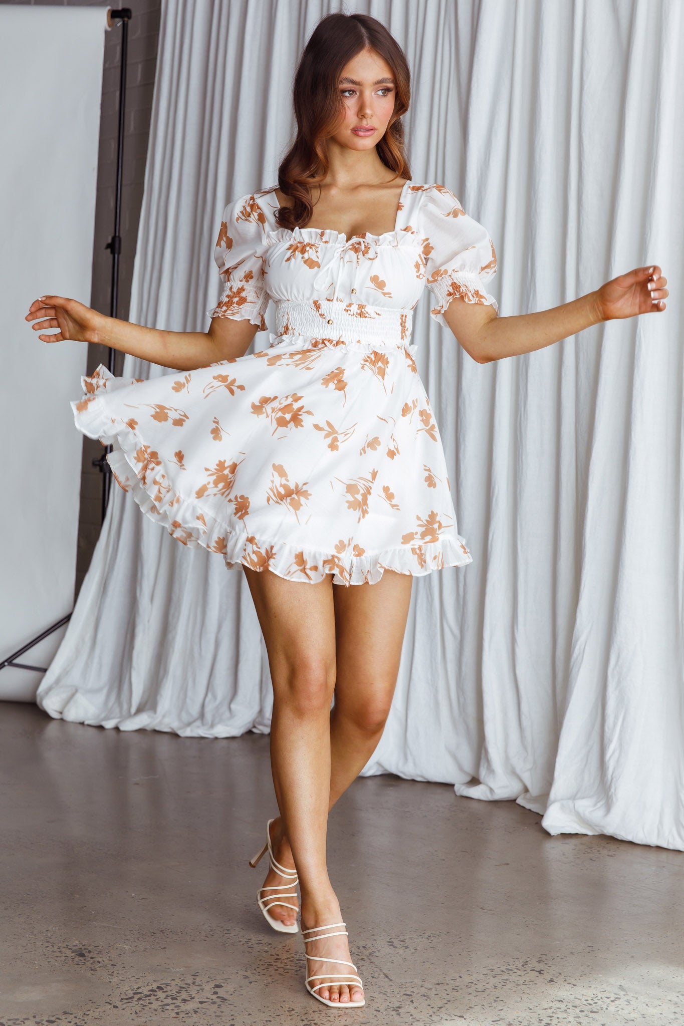 Summer In Paris Puff Sleeve Open Back Dress Floral Tan by Selfie Leslie Australia