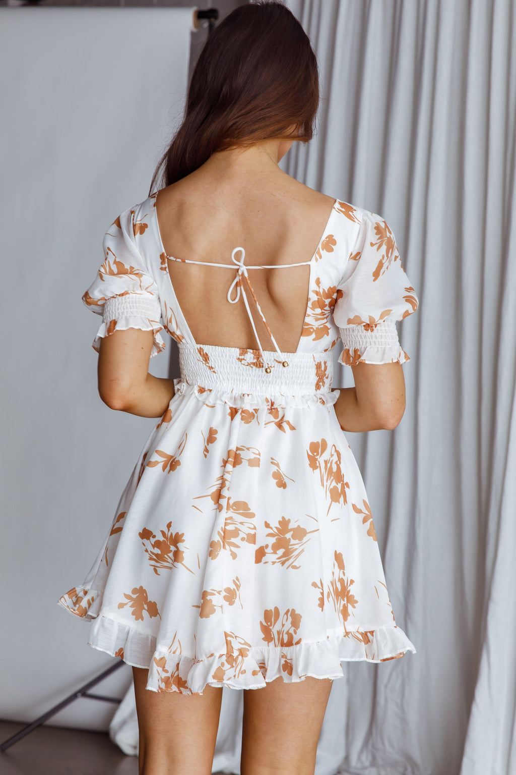 Summer In Paris Puff Sleeve Open Back Dress Floral Tan by Selfie Leslie Australia