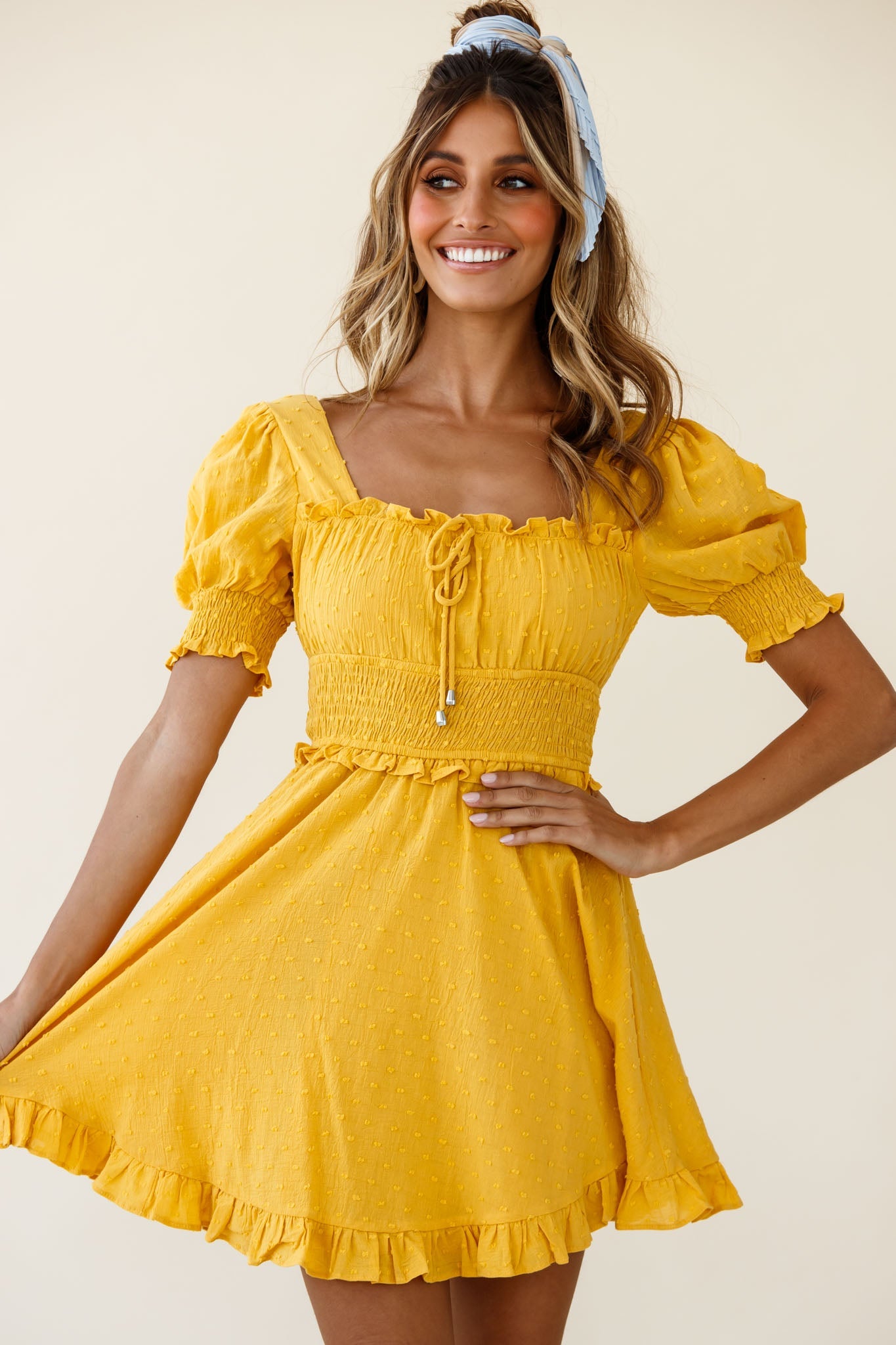 Summer In Paris Puff Sleeve Open Back Dress Mustard by Selfie Leslie