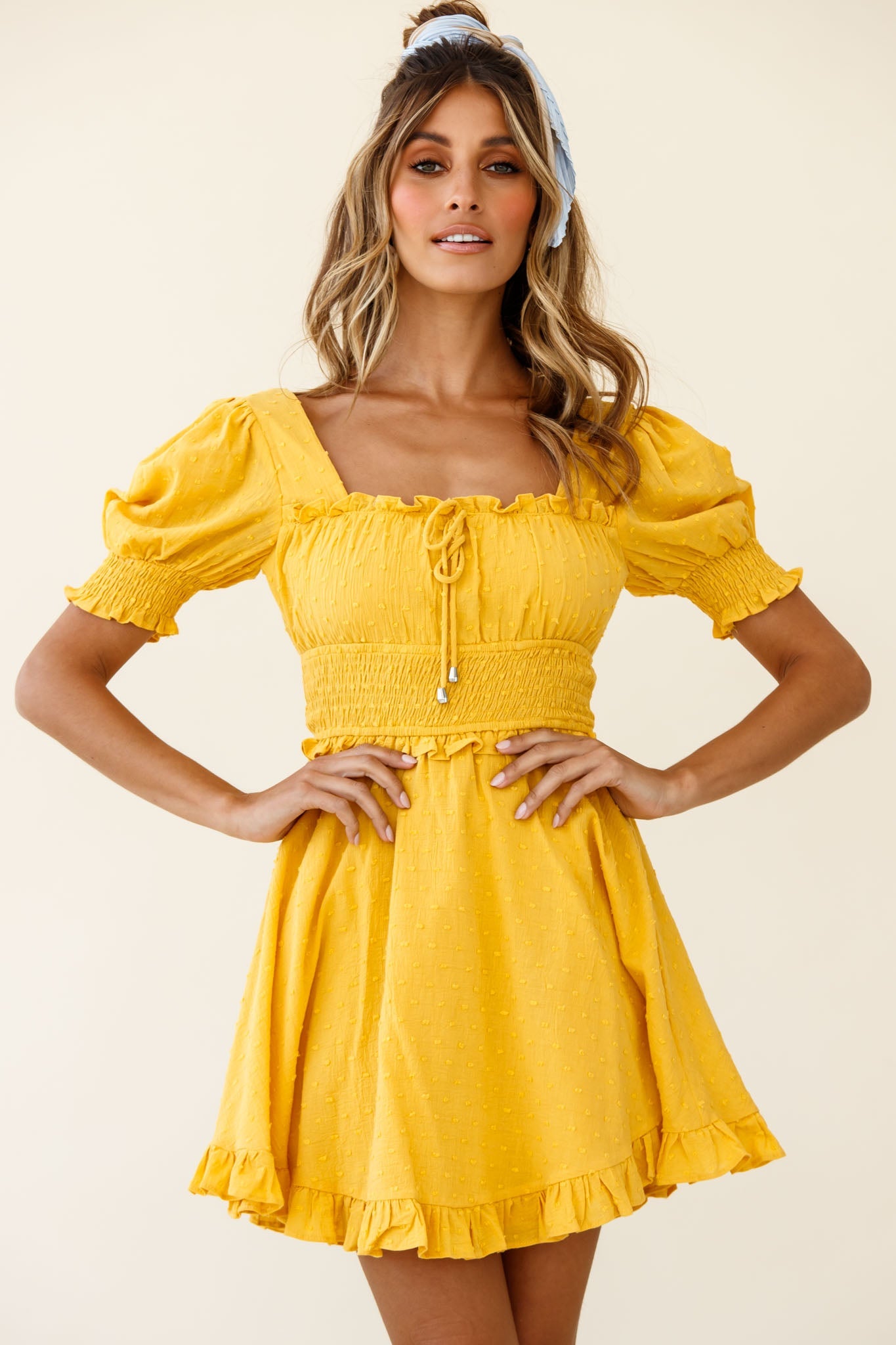 Summer In Paris Puff Sleeve Open Back Dress Mustard by Selfie Leslie