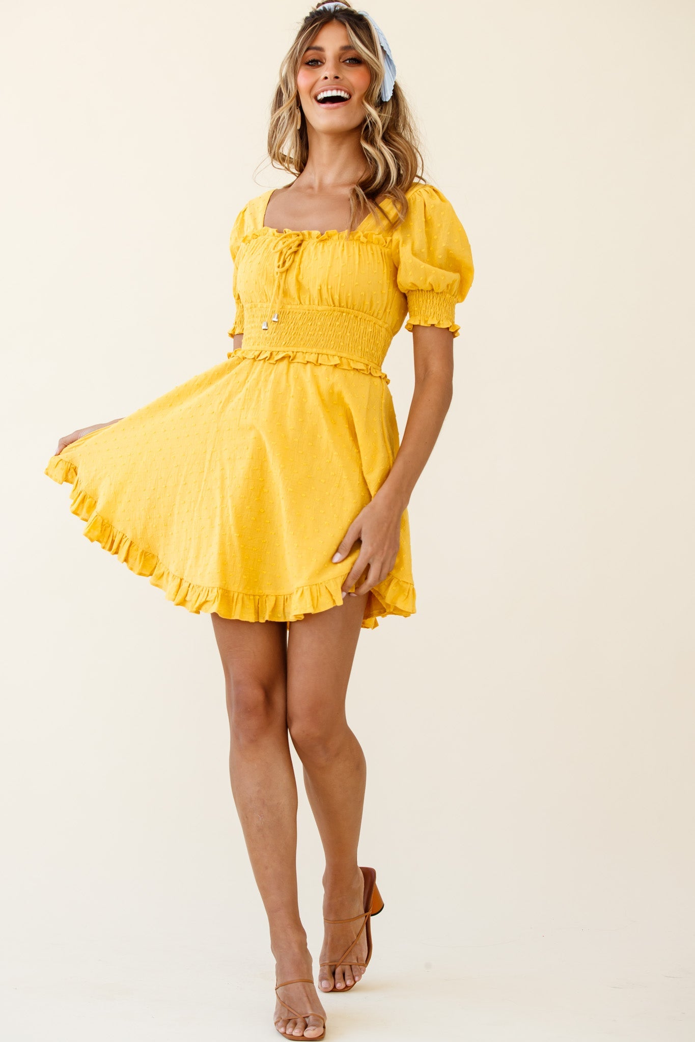 Summer In Paris Puff Sleeve Open Back Dress Mustard by Selfie Leslie