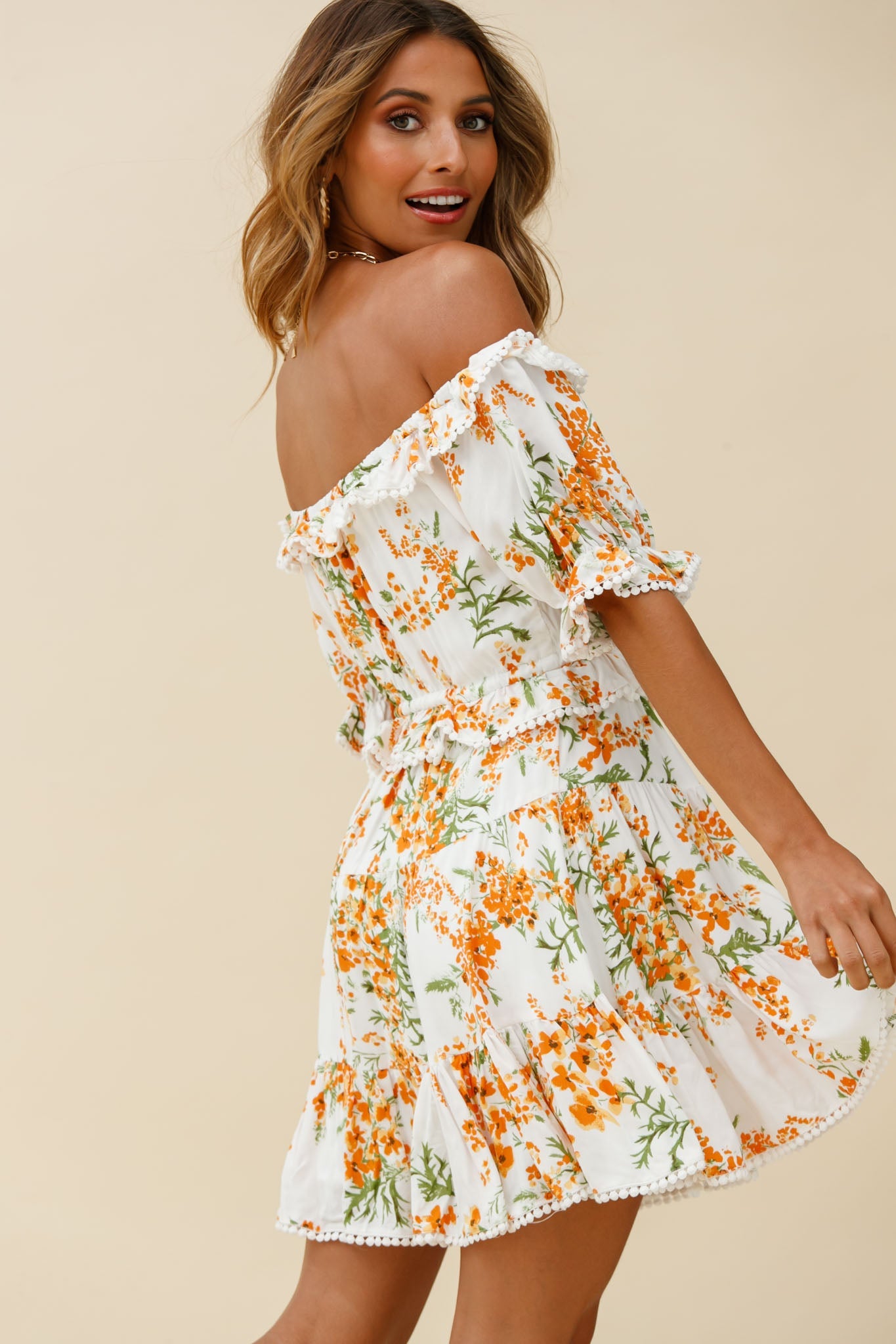 Sierra Bonita Off-Shoulder Drawstring Waist Dress Floral Print Orange Multi by Selfie Leslie