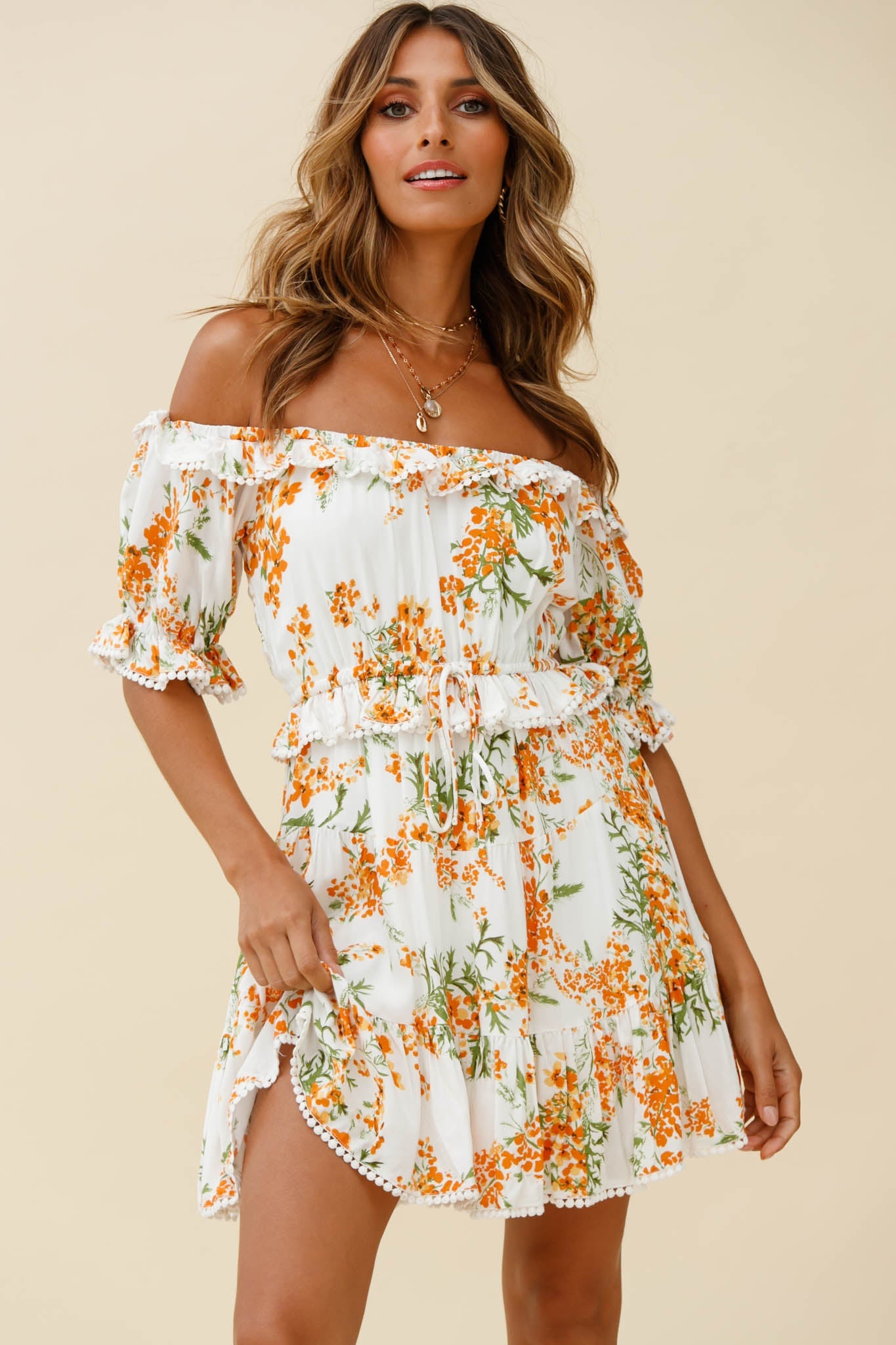 Sierra Bonita Off-Shoulder Drawstring Waist Dress Floral Print Orange Multi by Selfie Leslie