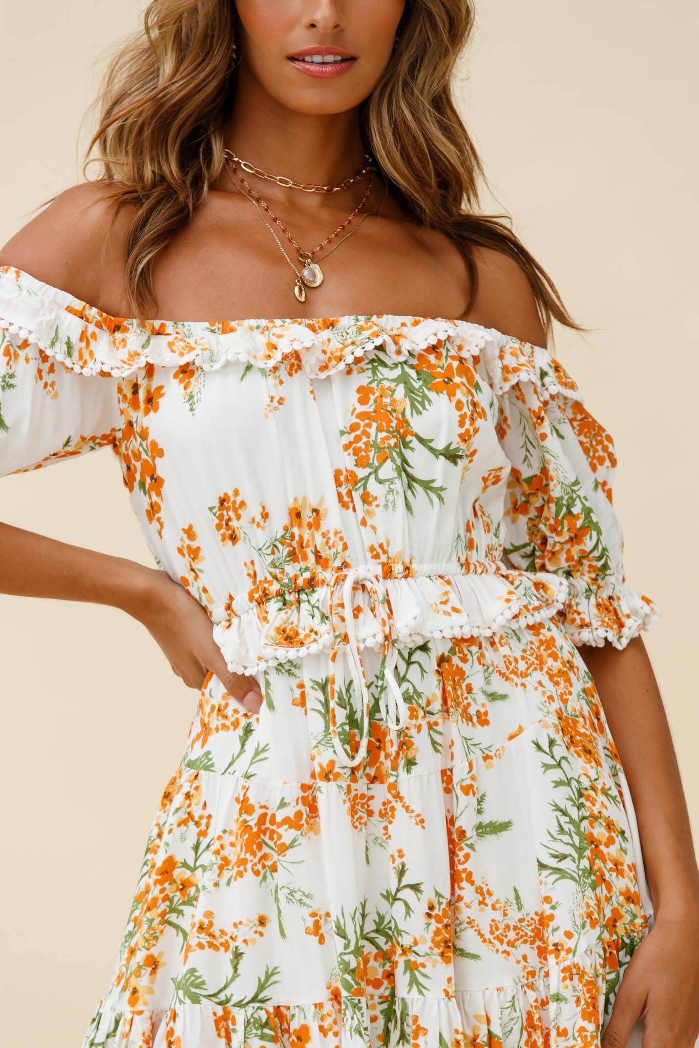 Sierra Bonita Off-Shoulder Drawstring Waist Dress Floral Print Orange Multi by Selfie Leslie