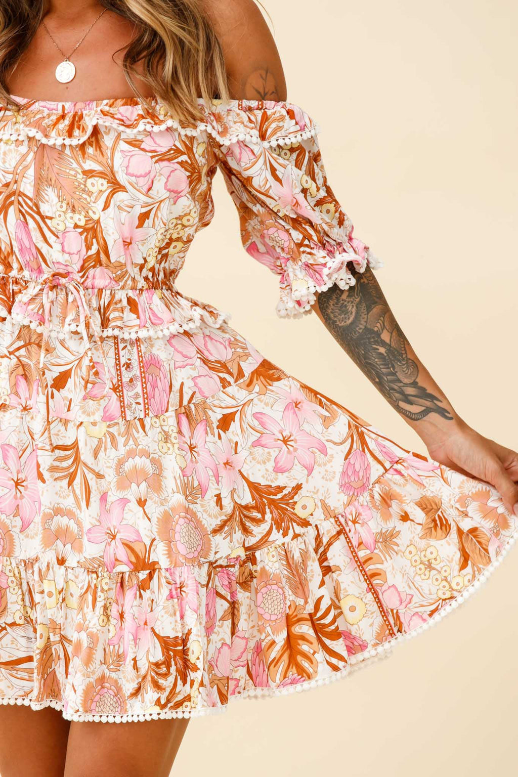 Sierra Bonita Off-Shoulder Drawstring Waist Dress Floral Print Pink Multi by Selfie Leslie