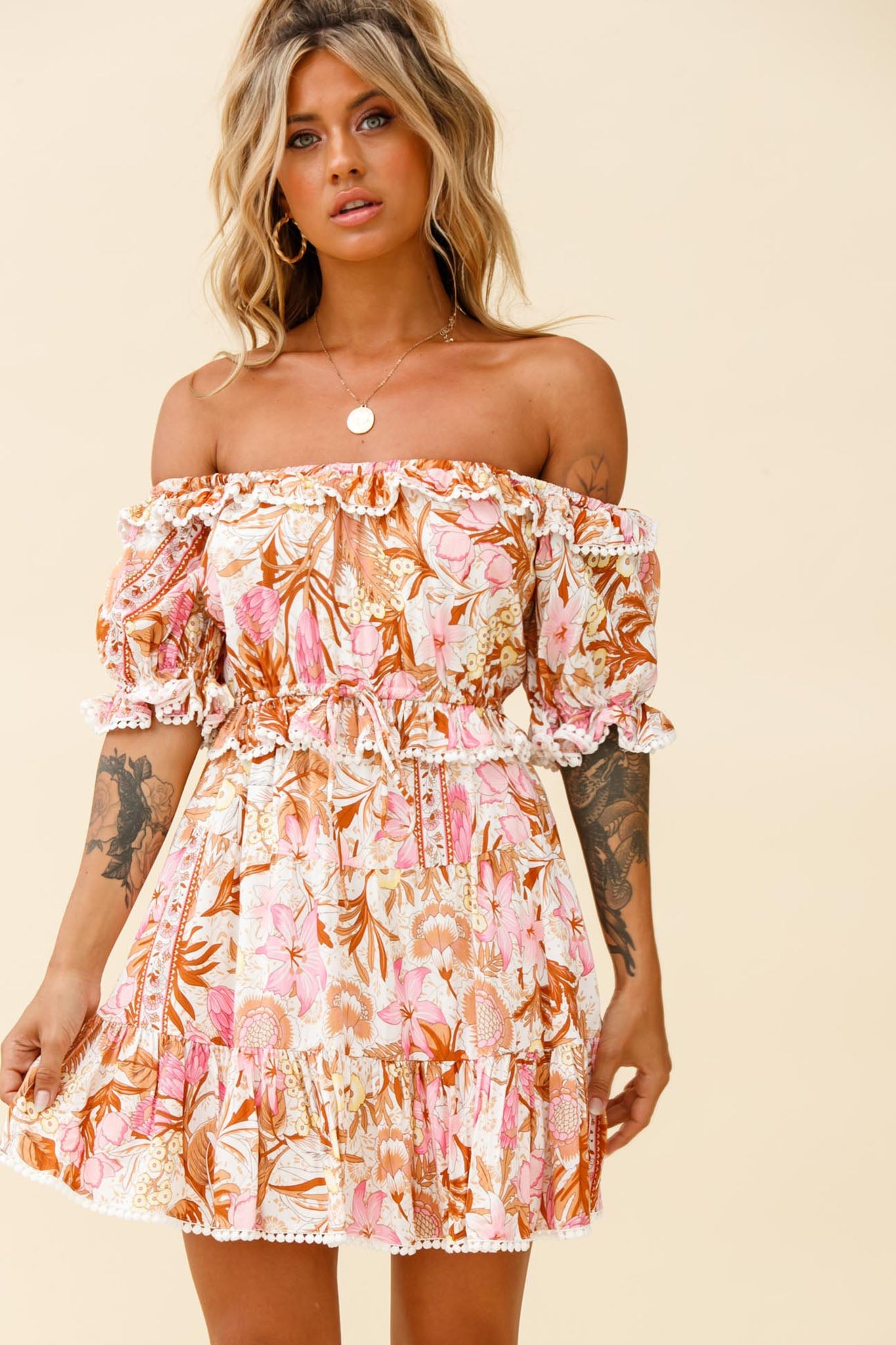 Sierra Bonita Off-Shoulder Drawstring Waist Dress Floral Print Pink Multi by Selfie Leslie
