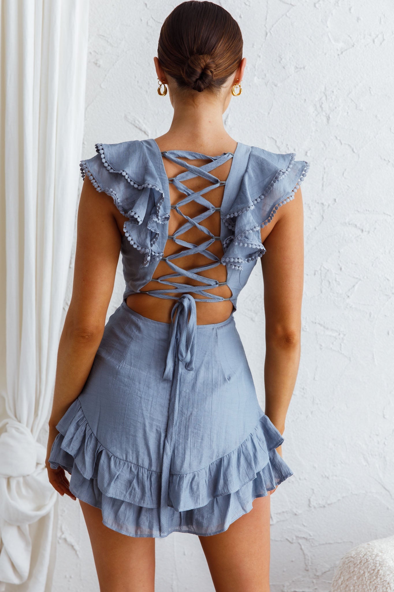 Charade Ruffle Shoulder Corset Back Dress Midnight Blue by Selfie Leslie