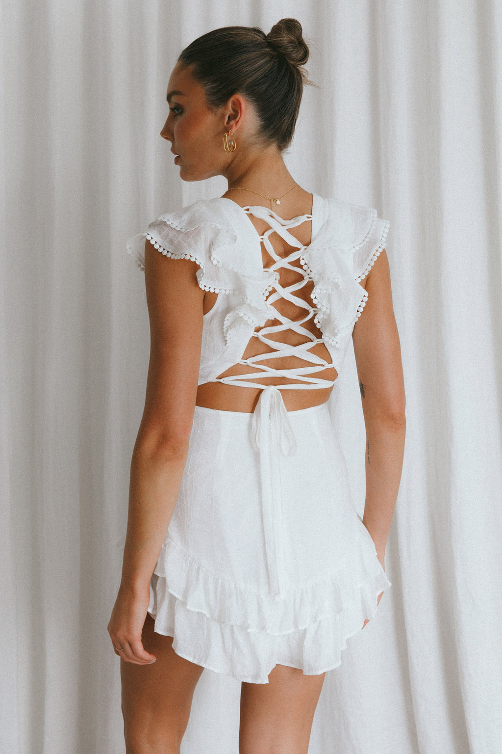 Charade Ruffle Shoulder Corset Back Dress White by Selfie Leslie Australia