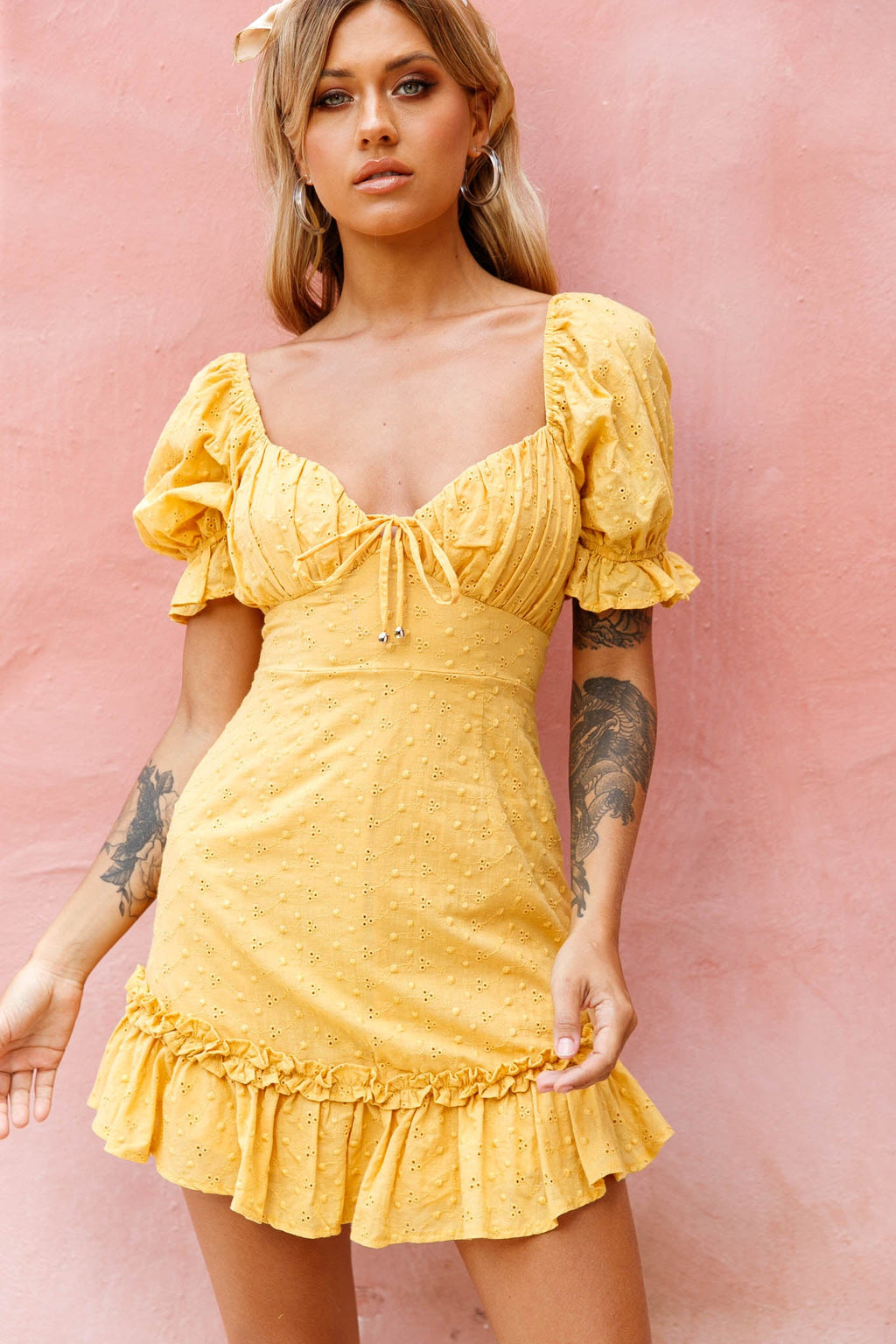 Hayden Puff Sleeve Eyelet Embroidery Dress Yellow by Selfie Leslie