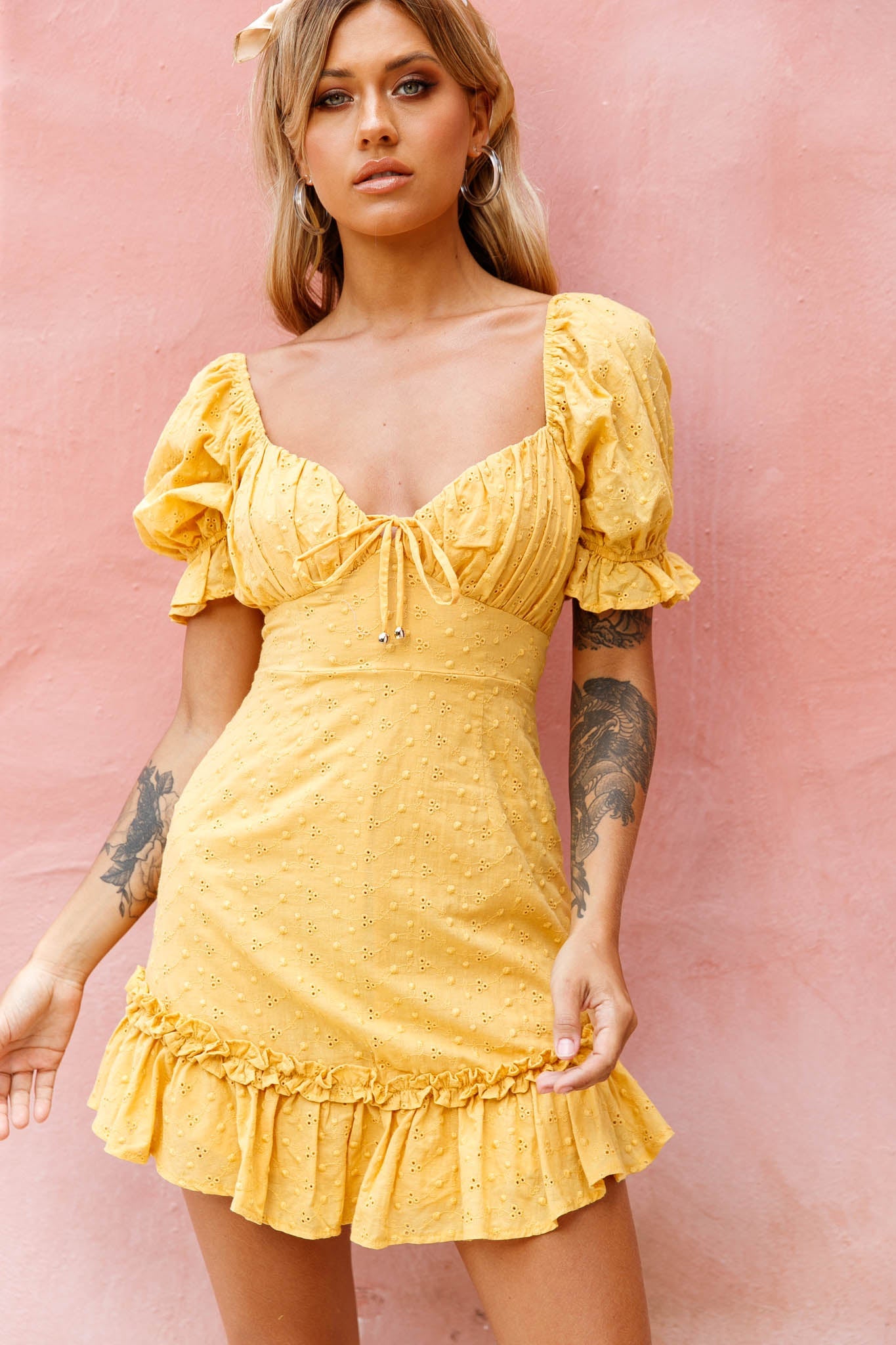 Hayden Puff Sleeve Eyelet Embroidery Dress Yellow by Selfie Leslie