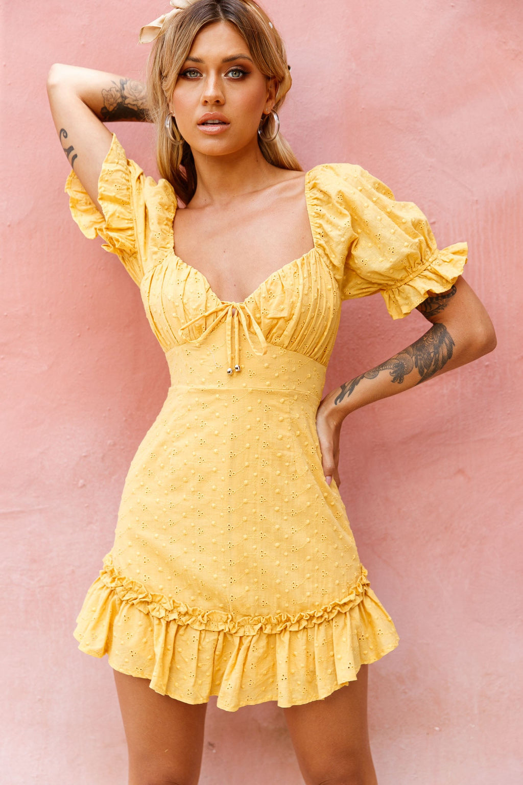 Hayden Puff Sleeve Eyelet Embroidery Dress Yellow by Selfie Leslie