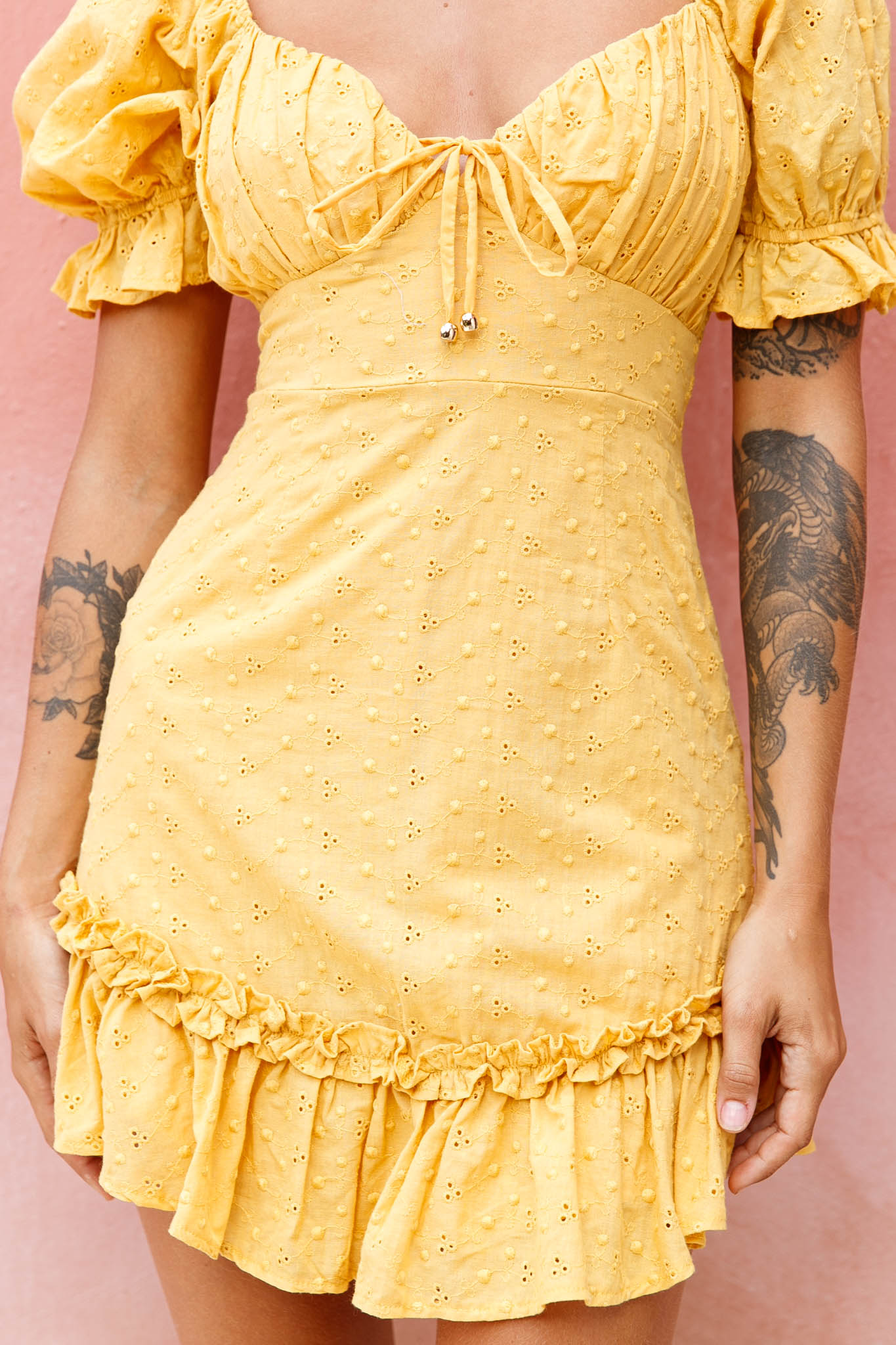 Hayden Puff Sleeve Eyelet Embroidery Dress Yellow by Selfie Leslie
