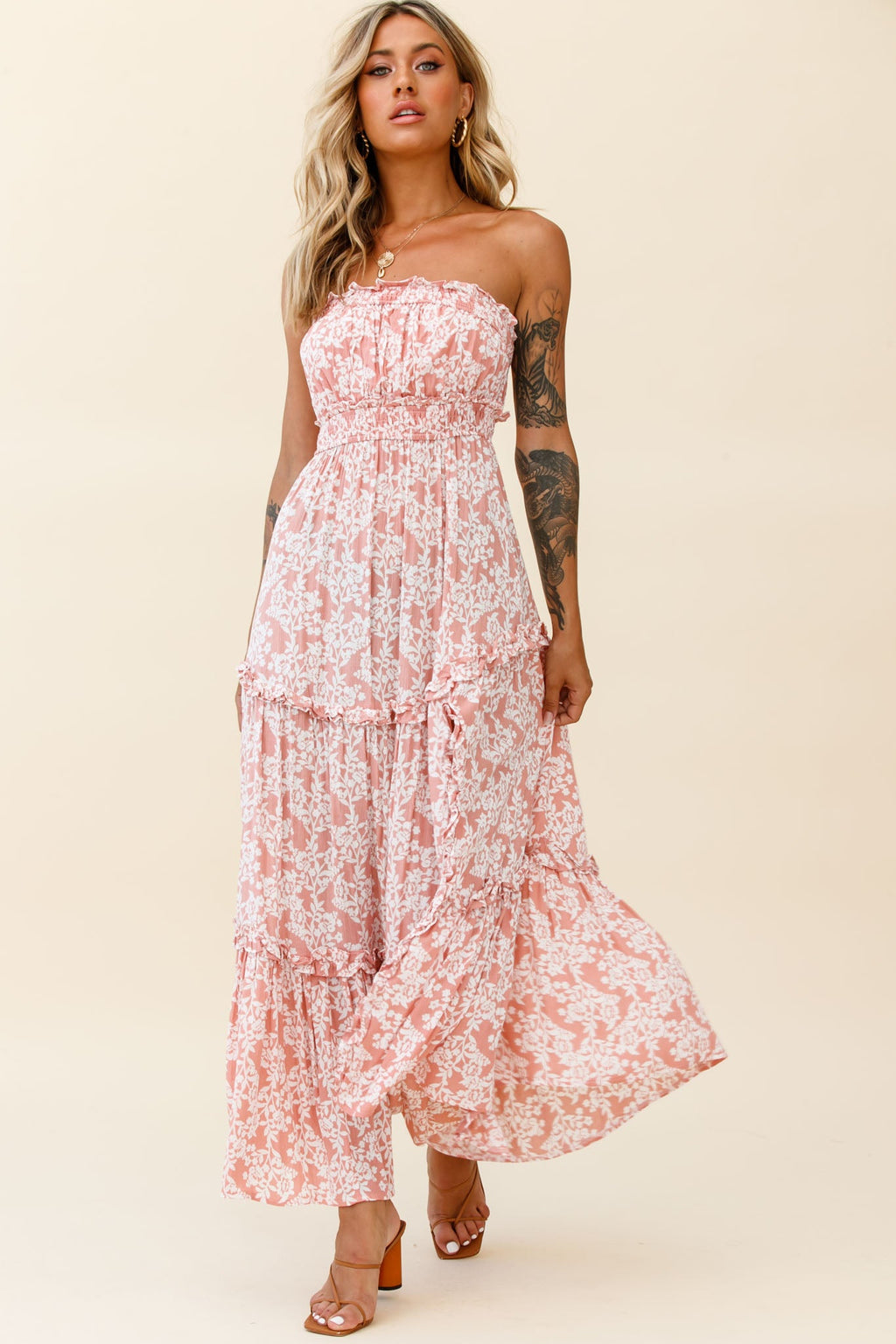 Take Me Away Strapless Maxi Dress Floral Print Blush by Selfie Leslie