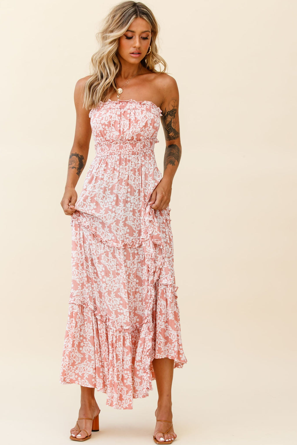 Take Me Away Strapless Maxi Dress Floral Print Blush by Selfie Leslie