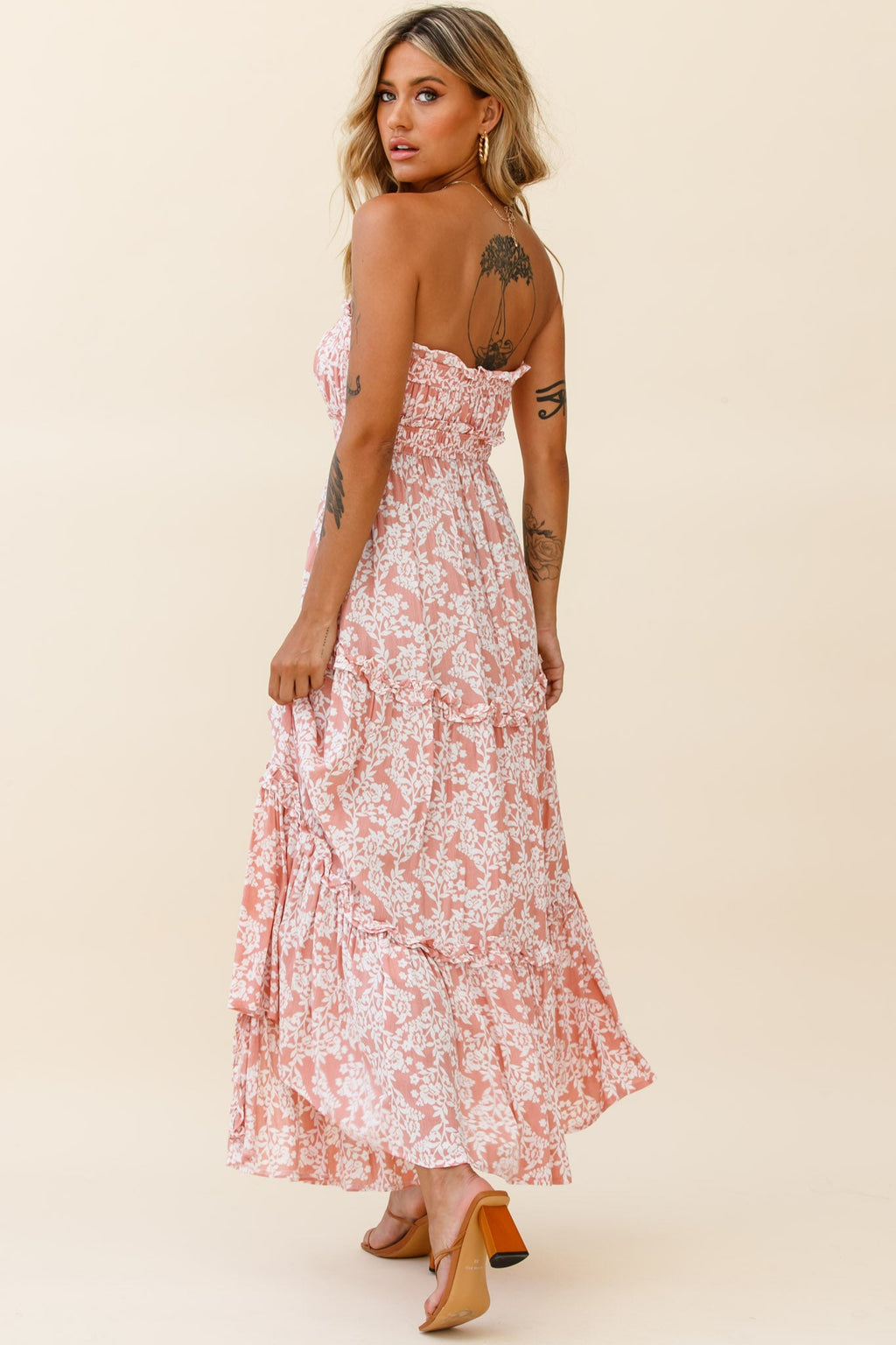 Take Me Away Strapless Maxi Dress Floral Print Blush by Selfie Leslie