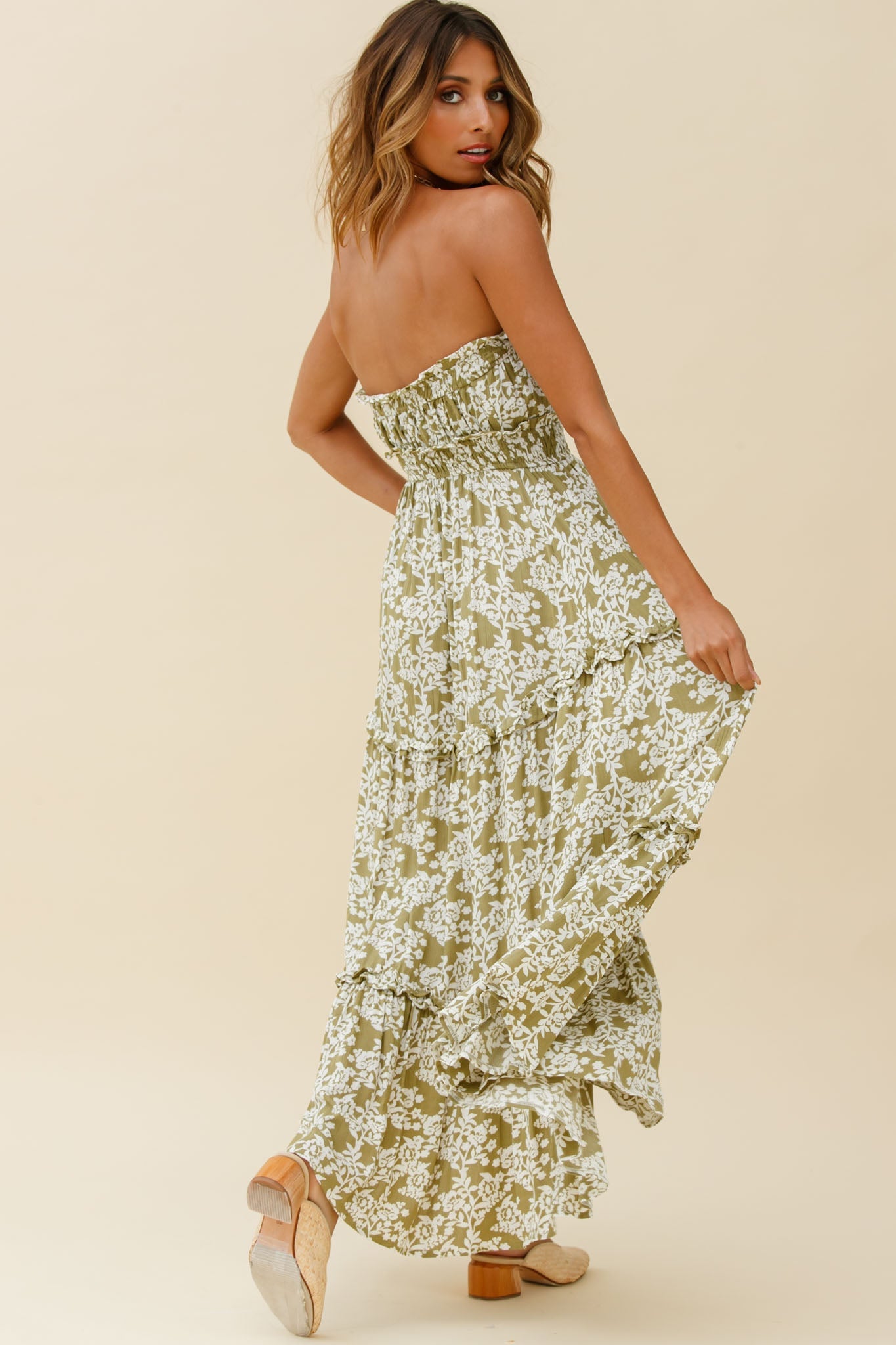 Take Me Away Strapless Maxi Dress Floral Print Green by Selfie Leslie