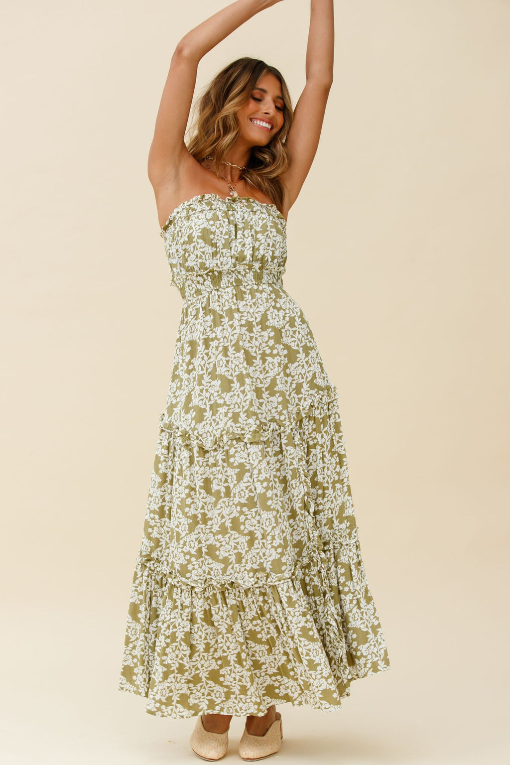 Take Me Away Strapless Maxi Dress Floral Print Green by Selfie Leslie