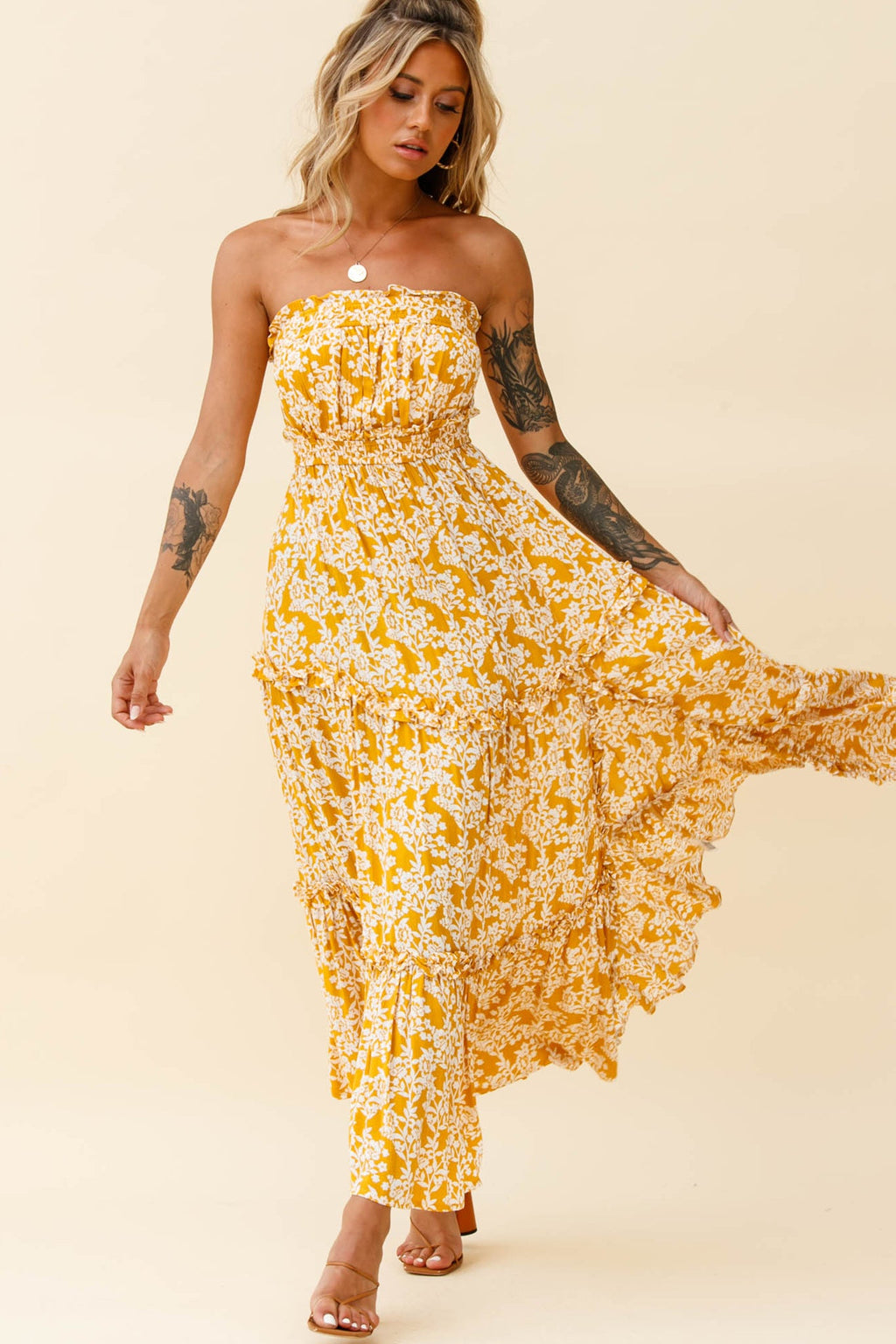 Take Me Away Strapless Maxi Dress Floral Print Mustard by Selfie Leslie