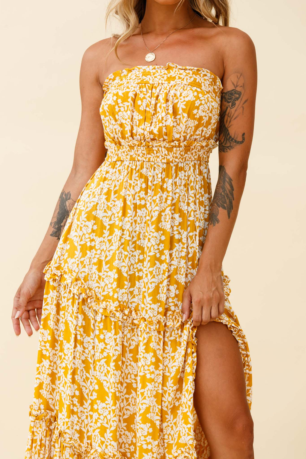 Take Me Away Strapless Maxi Dress Floral Print Mustard by Selfie Leslie