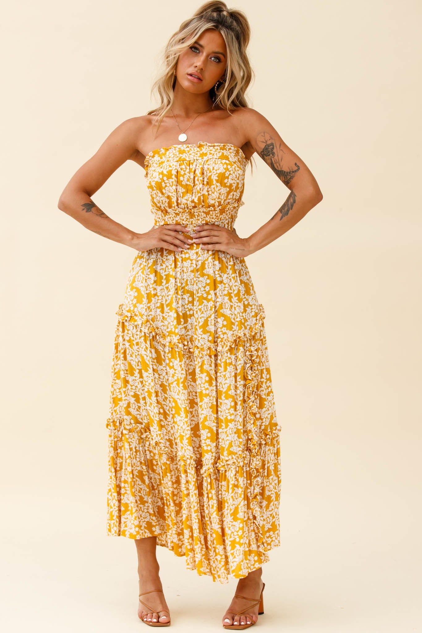 Take Me Away Strapless Maxi Dress Floral Print Mustard by Selfie Leslie