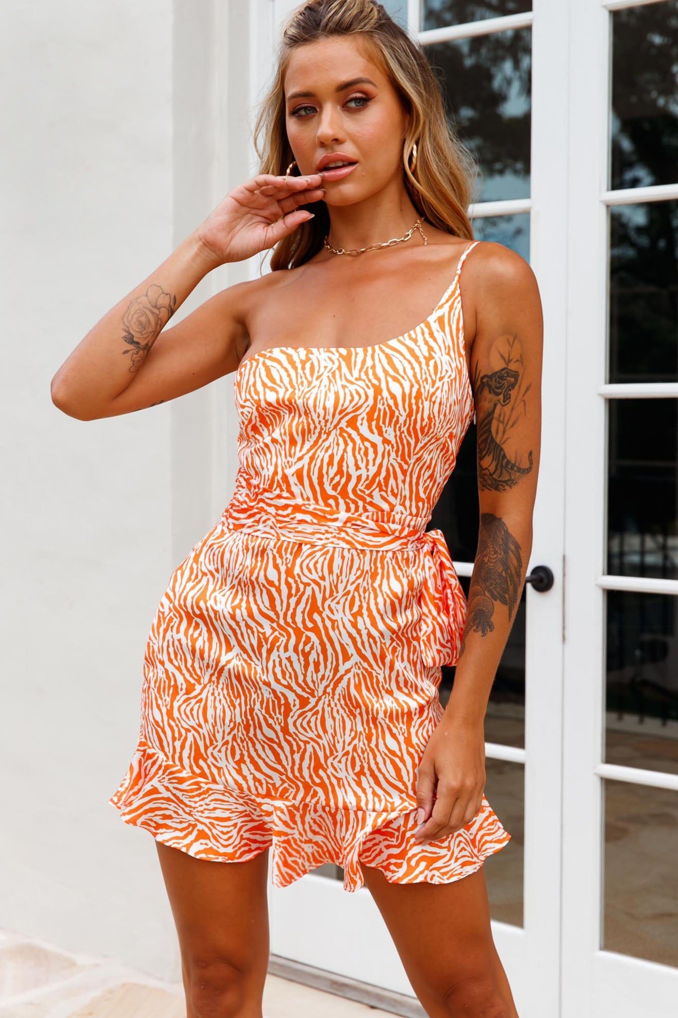 Don't Wait Up One Shoulder Waist Tie Dress Animal Print Orange/Peach by Selfie Leslie