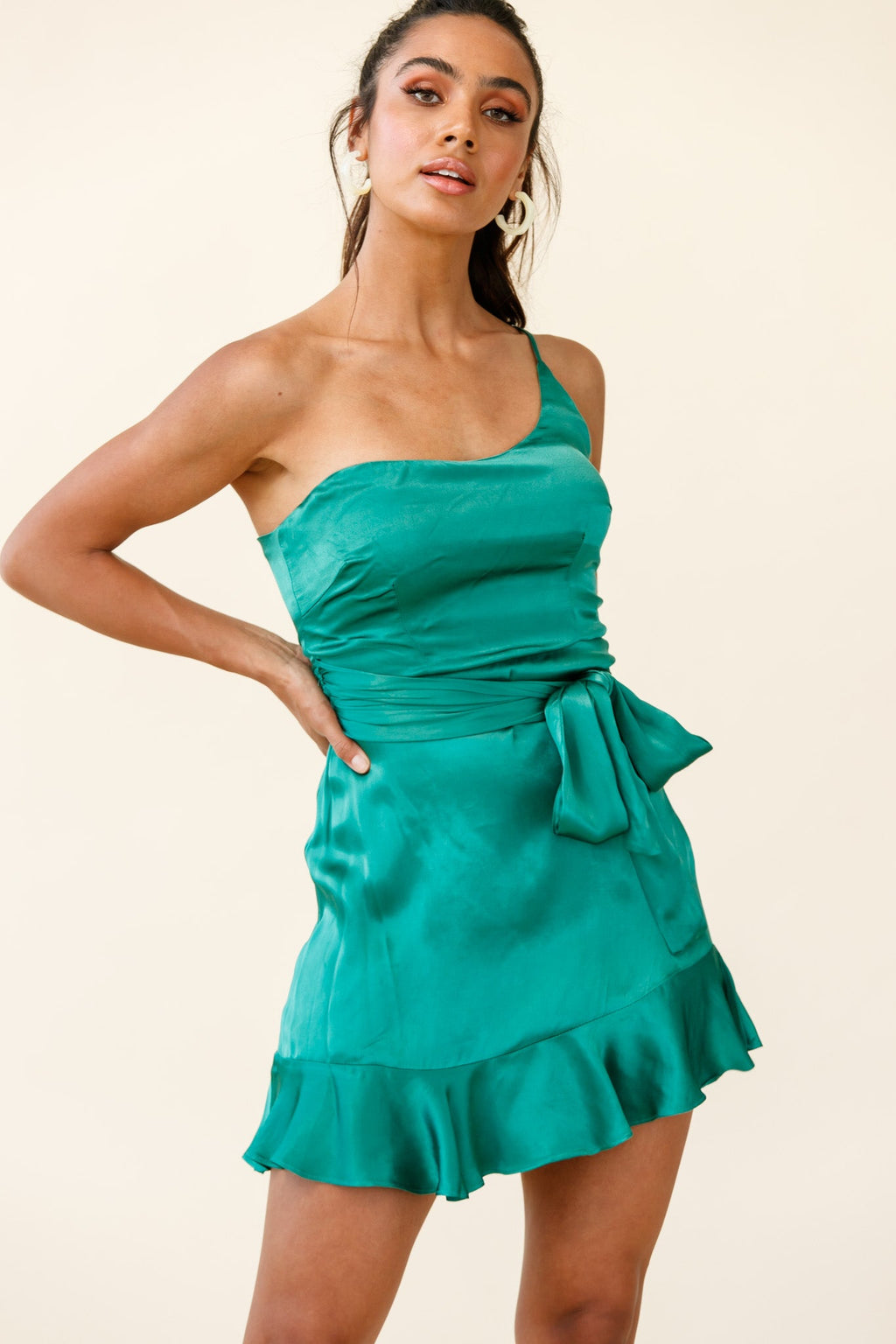 Don't Wait Up One Shoulder Waist Tie Dress Jade by Selfie Leslie