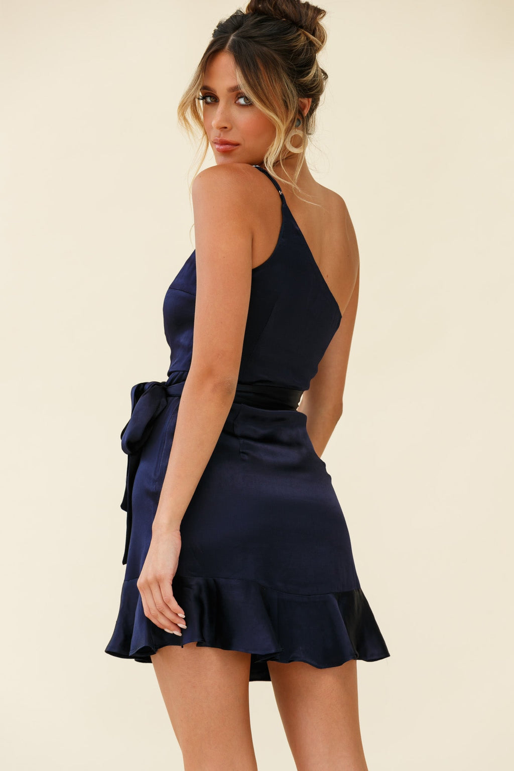 Don't Wait Up One Shoulder Waist Tie Dress Navy by Selfie Leslie