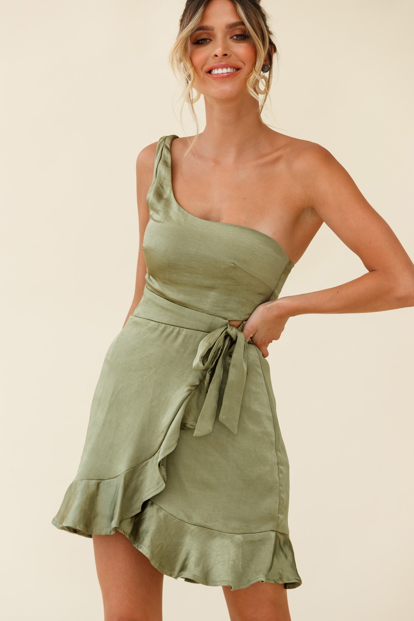 Waiting For Tonight One Shoulder Faux Wrap Dress Olive by Selfie Leslie