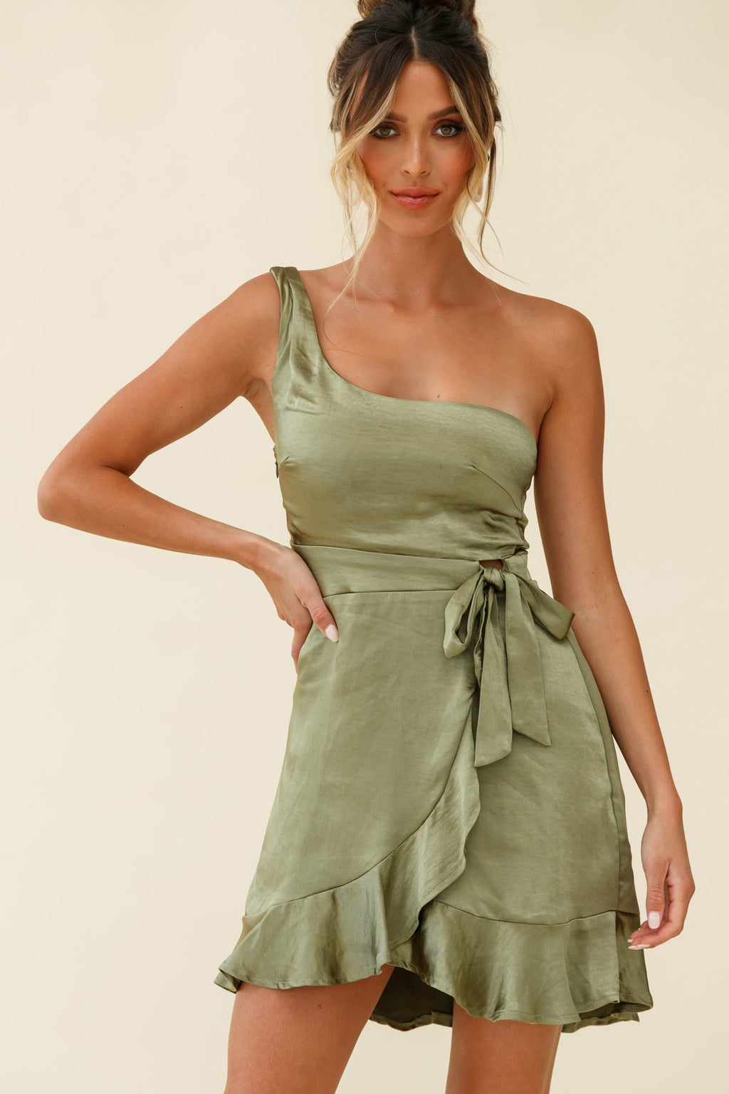 Waiting For Tonight One Shoulder Faux Wrap Dress Olive by Selfie Leslie