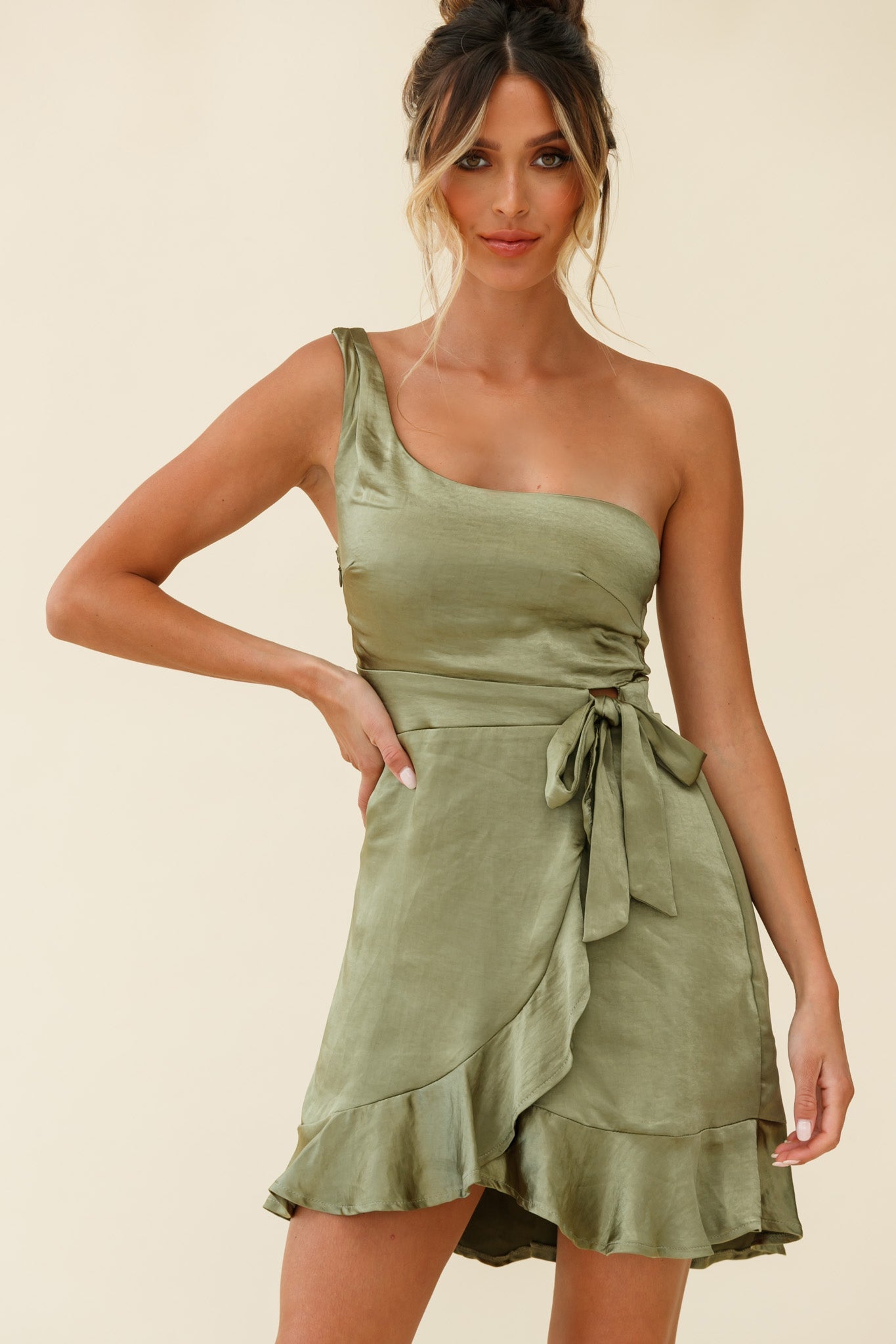 Waiting For Tonight One Shoulder Faux Wrap Dress Olive by Selfie Leslie