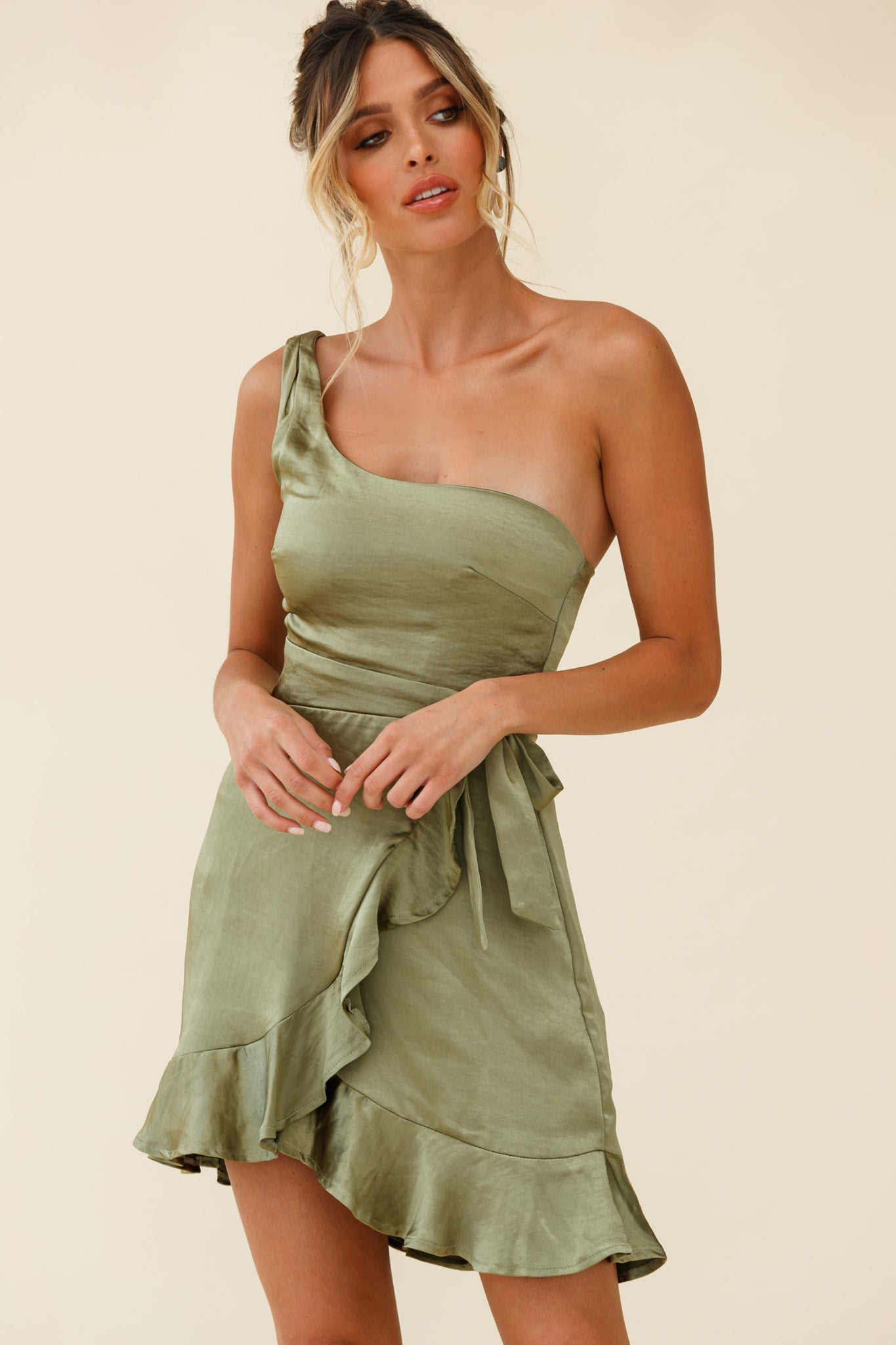 Waiting For Tonight One Shoulder Faux Wrap Dress Olive by Selfie Leslie