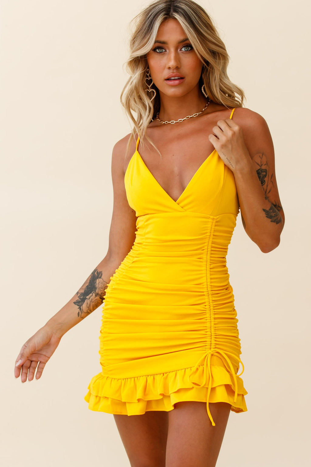 Earth Angel Drawstring Feature Ruched Party Dress Yellow by Selfie Leslie