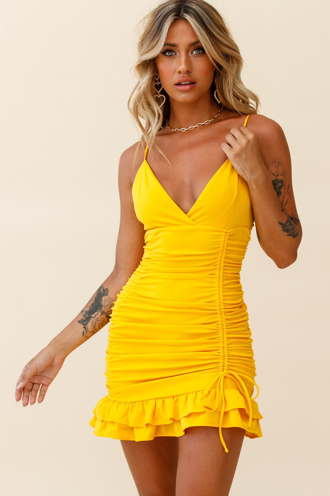 Earth Angel Drawstring Feature Ruched Party Dress Yellow by Selfie Leslie