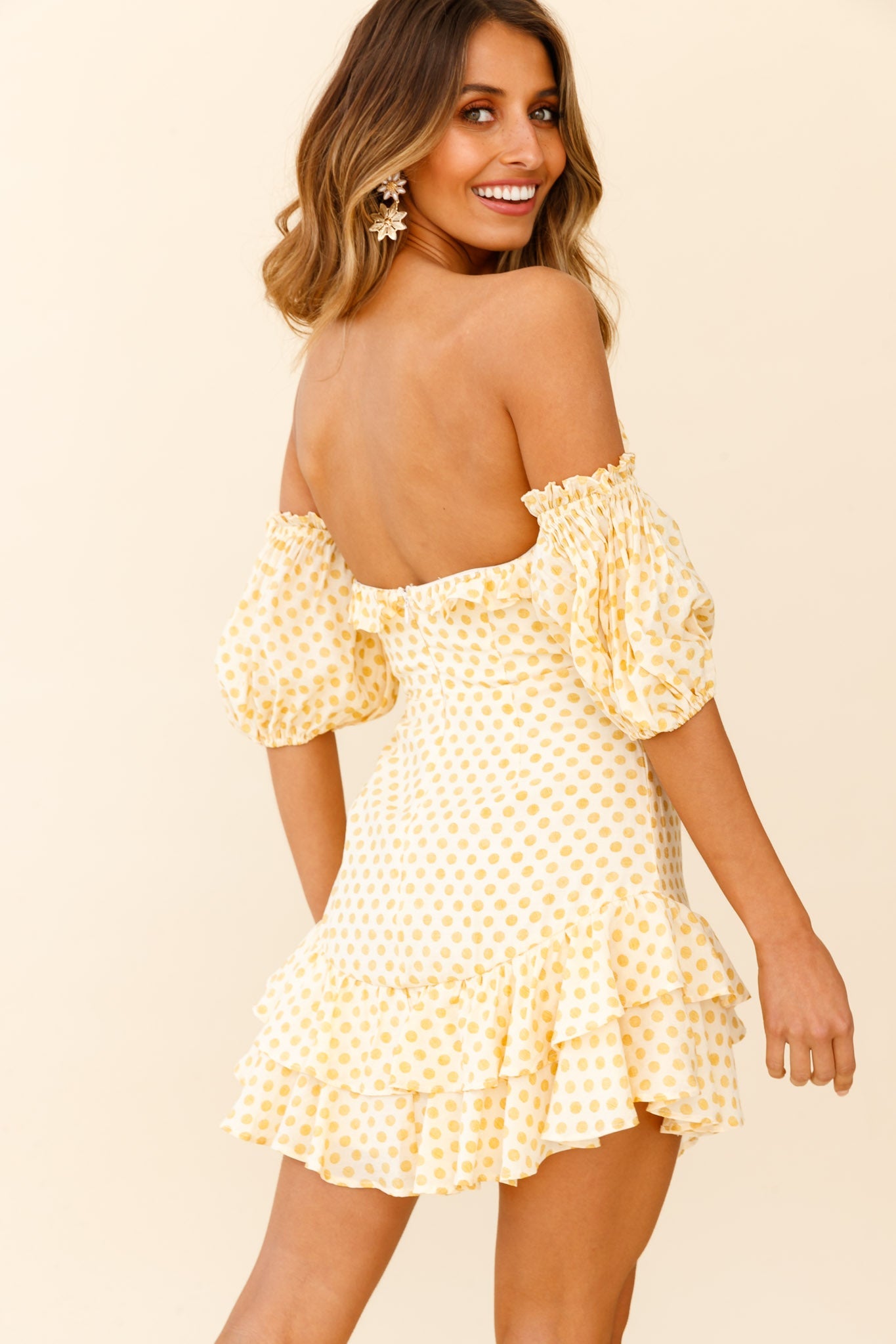 Homecoming Queen Sweetheart Neckline Puff Sleeve Dress Polka Dot Yellow by Selfie Leslie