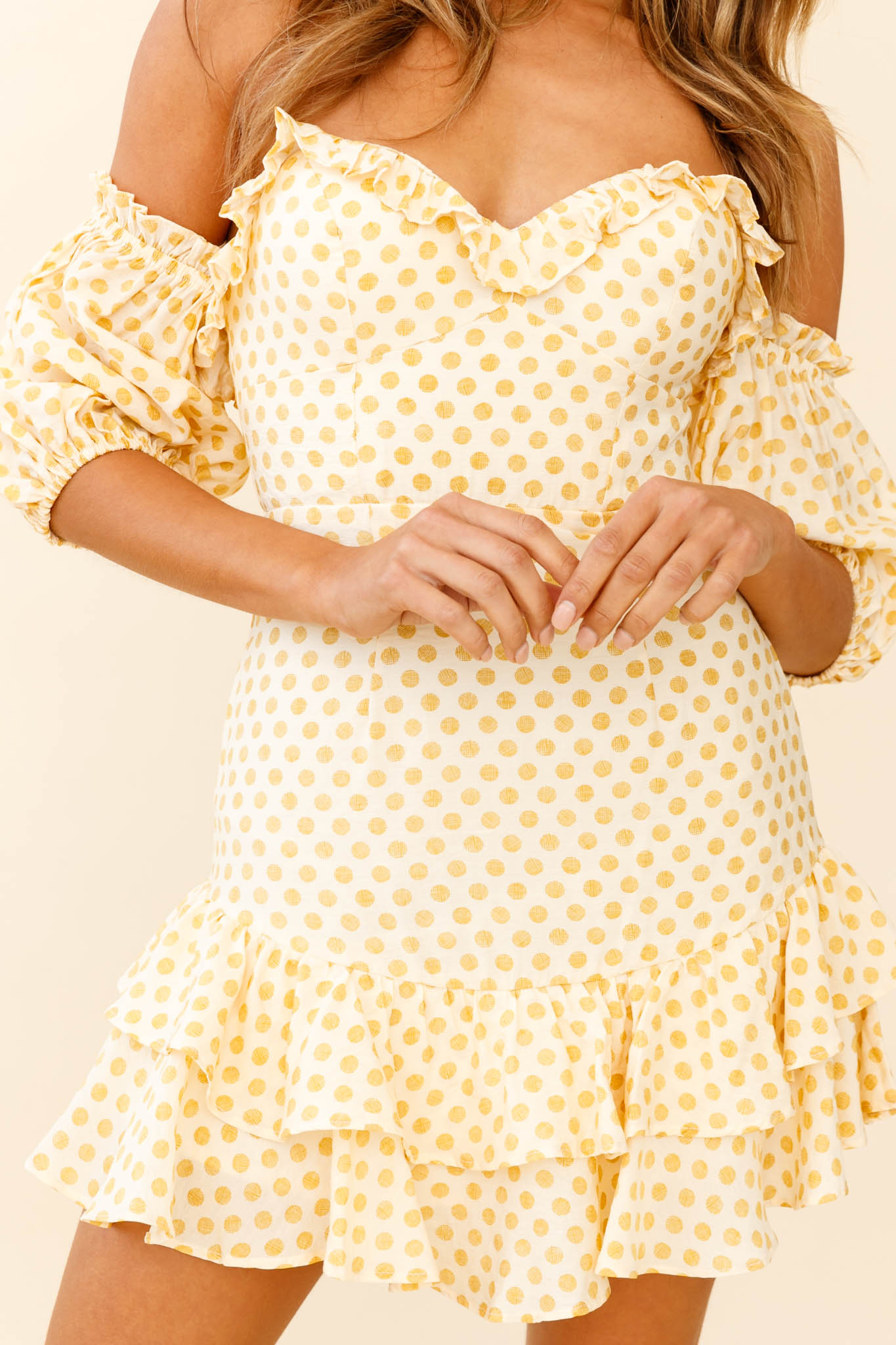 Homecoming Queen Sweetheart Neckline Puff Sleeve Dress Polka Dot Yellow by Selfie Leslie