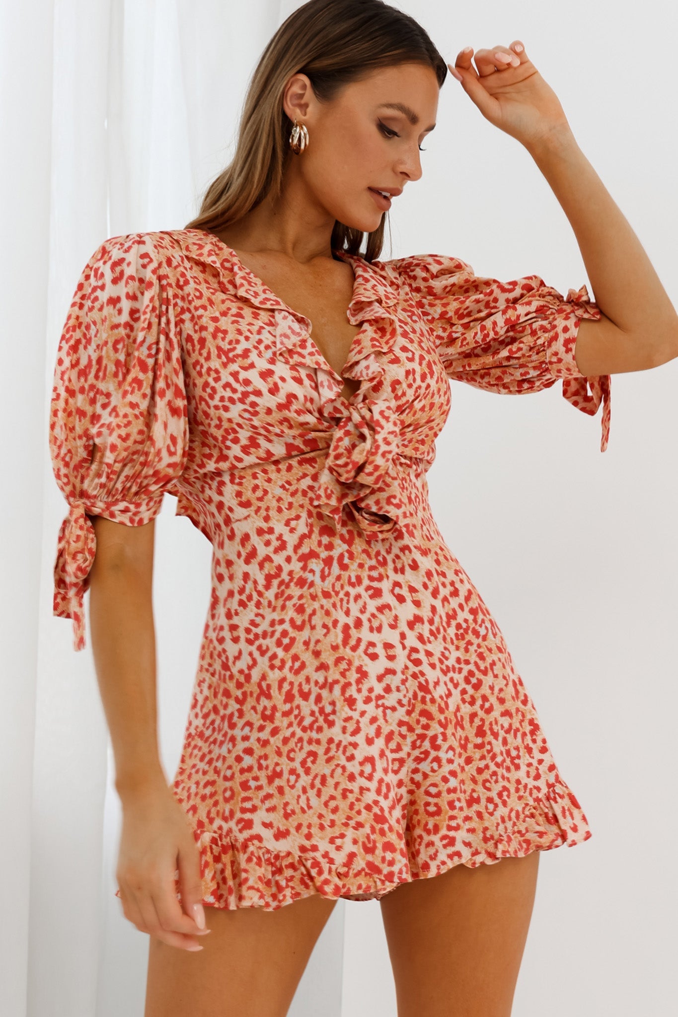 Francine Short Sleeve Tied Bust Romper Leopard Print Orange by Selfie Leslie